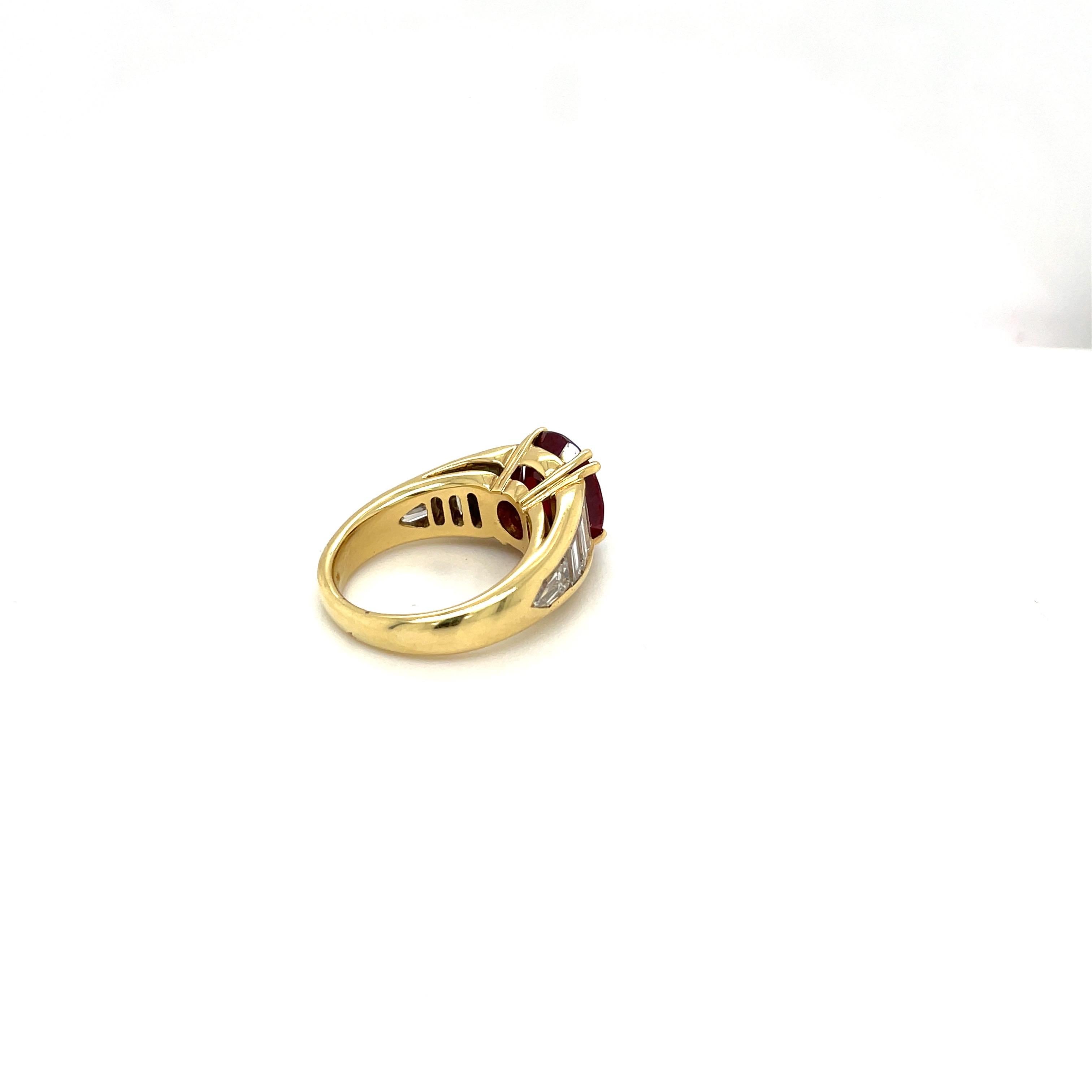 18kt Yellow Gold 5.96ct. Oval Ruby with 2.45ct. Diamond Baguette Ring For Sale 4