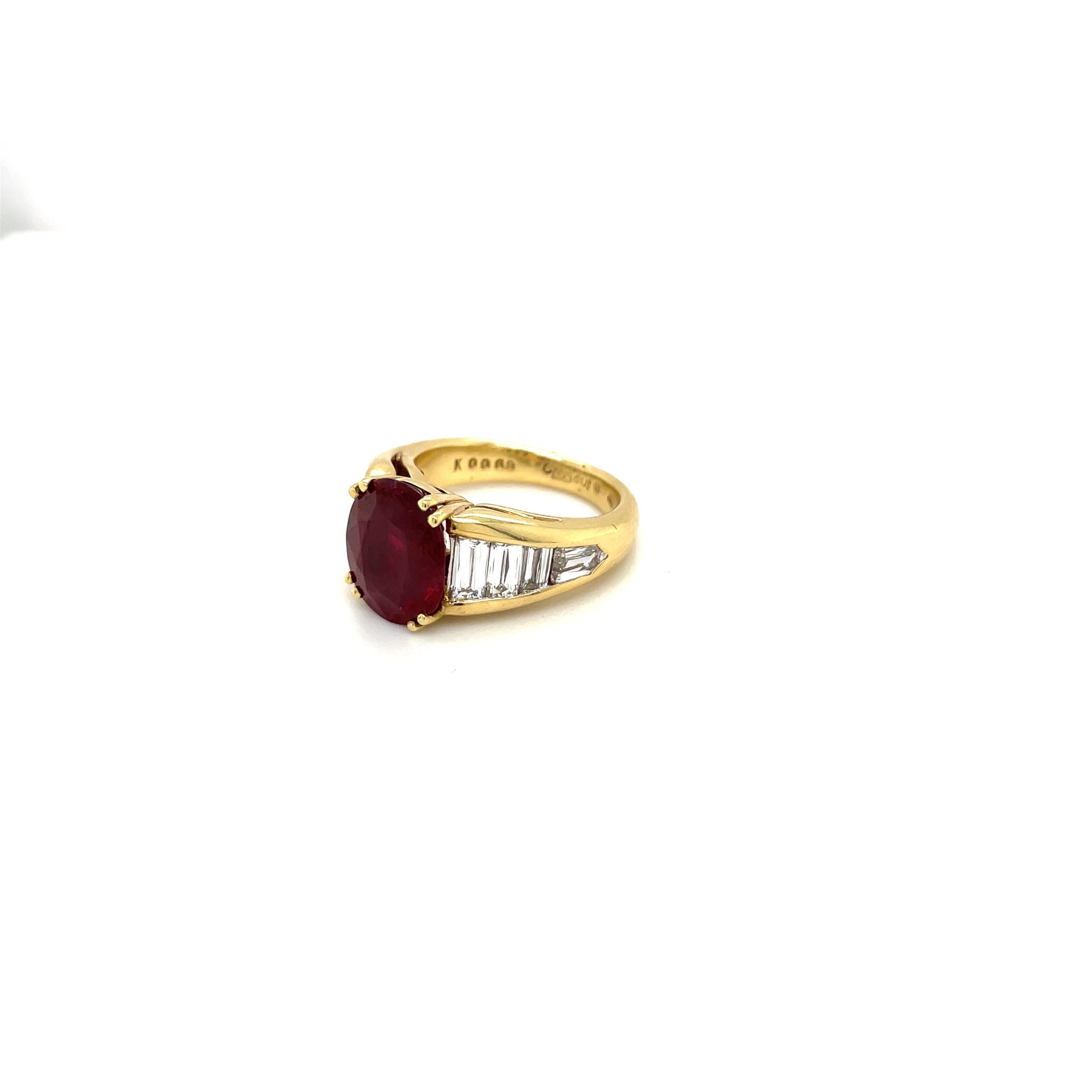 18kt Yellow Gold 5.96ct. Oval Ruby with 2.45ct. Diamond Baguette Ring For Sale 1