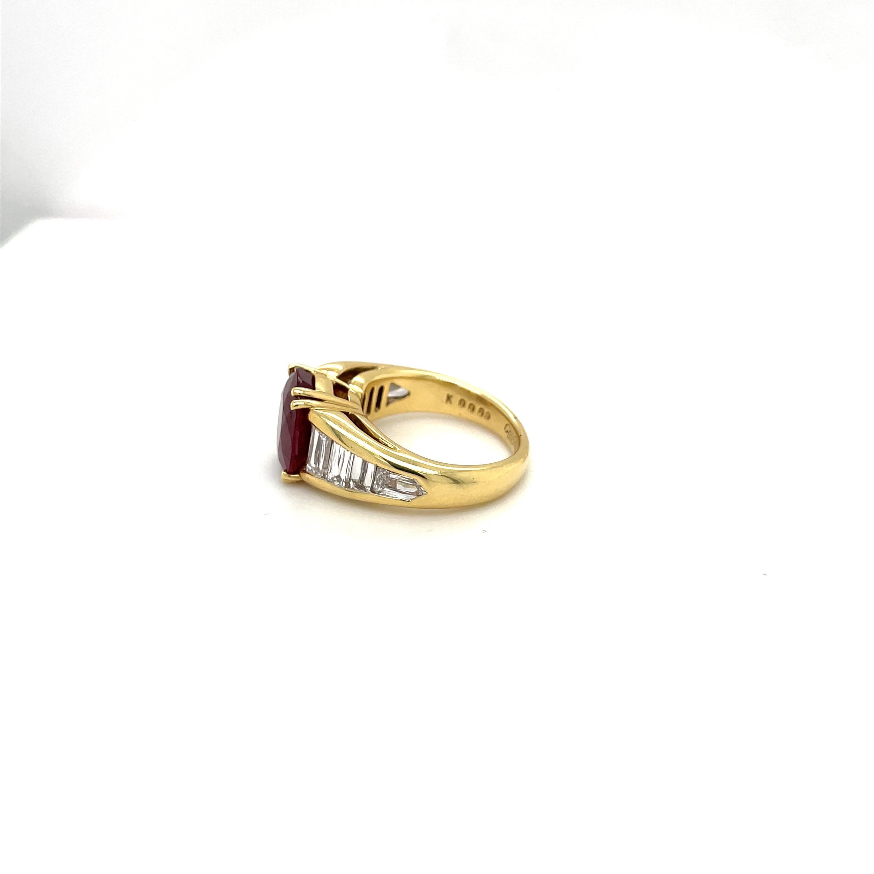 18kt Yellow Gold 5.96ct. Oval Ruby with 2.45ct. Diamond Baguette Ring For Sale 2