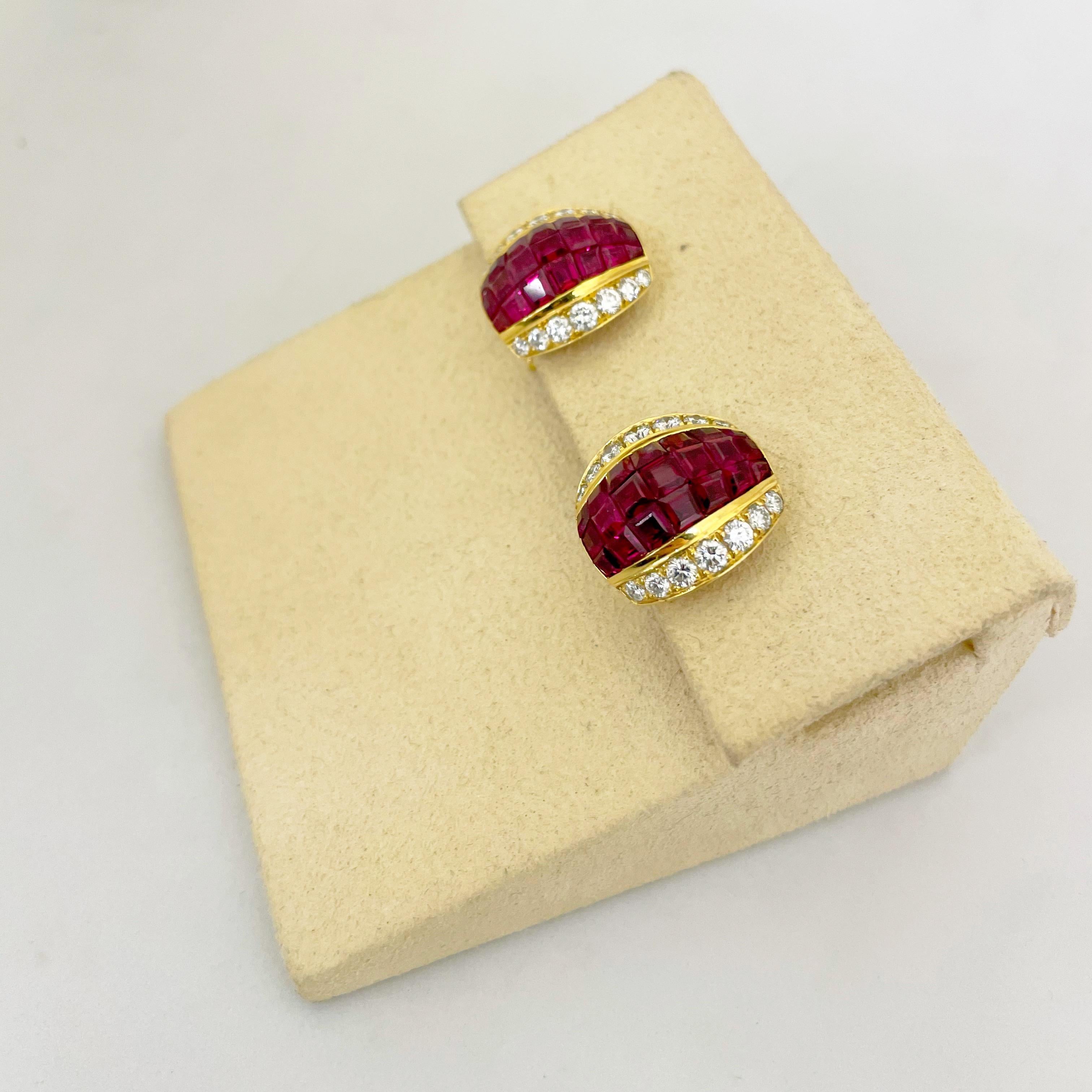 Contemporary 18 Karat Yellow Gold 6.00 Carat Ruby 1.42 Carat Diamond Earrings For Sale