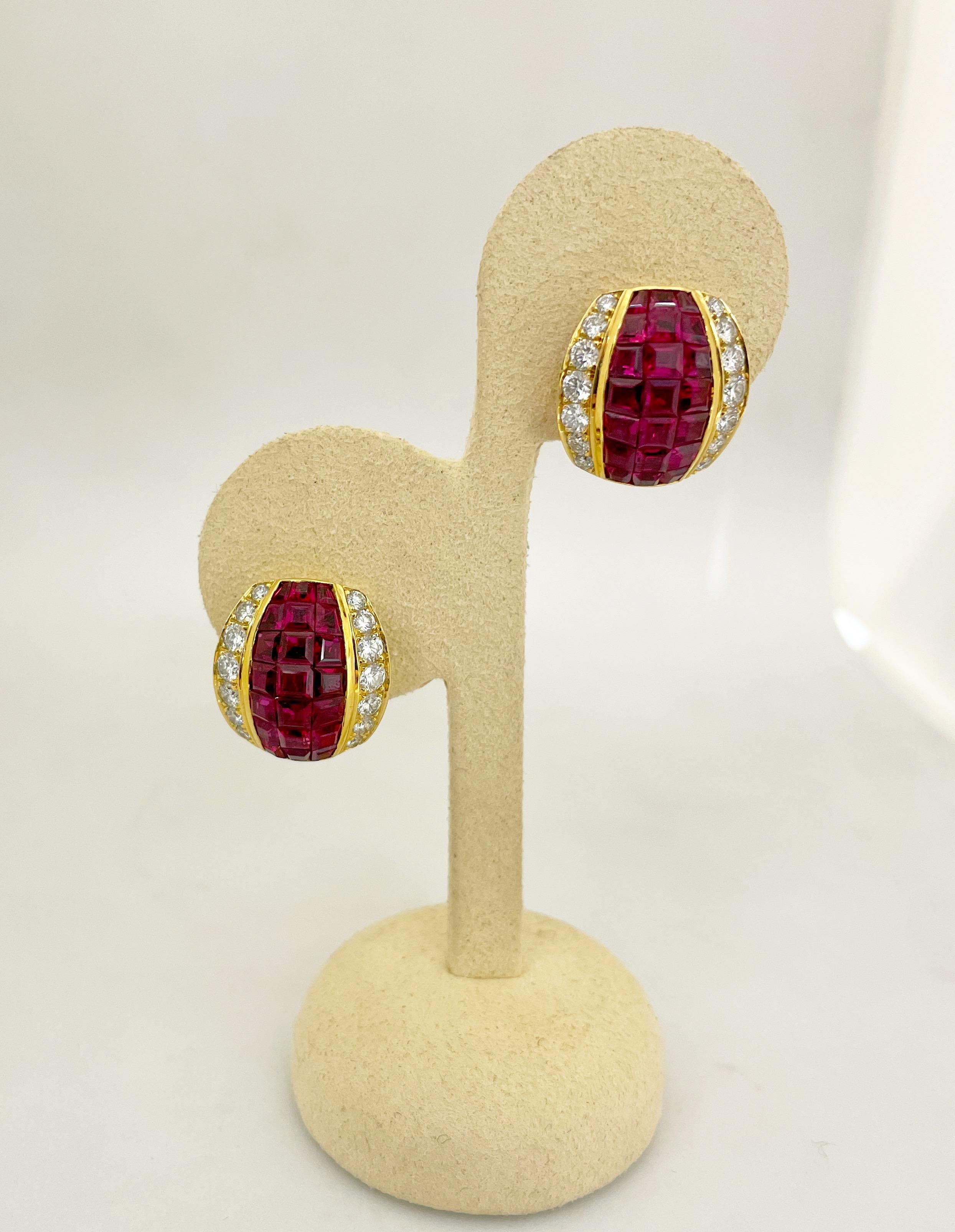 Women's or Men's 18 Karat Yellow Gold 6.00 Carat Ruby 1.42 Carat Diamond Earrings For Sale