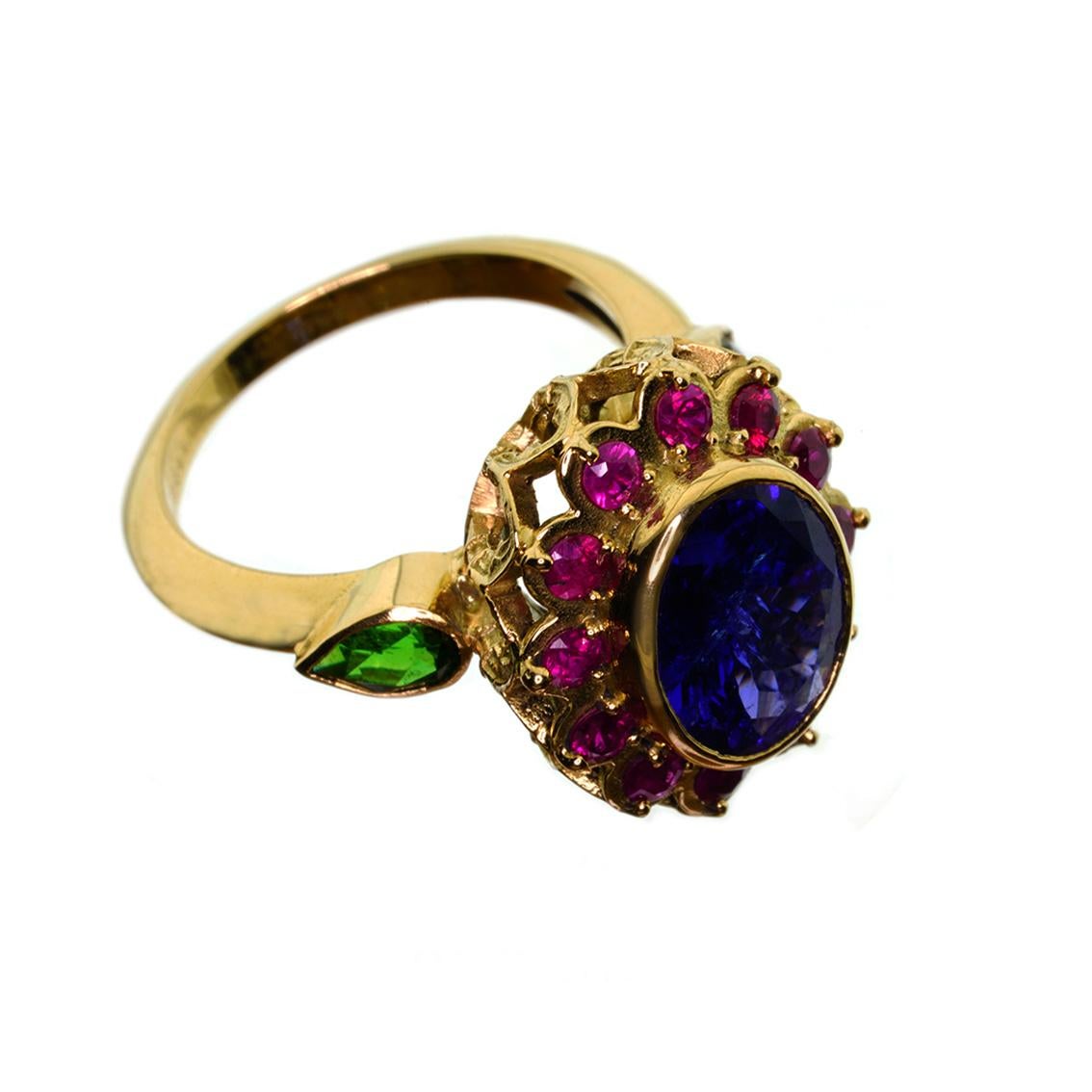 Gothic Revival 18kt Yellow Gold, 6.00ct Tanzanite, 0.75ct Ruby and 0.50ct Tsavorite Garnet Ring