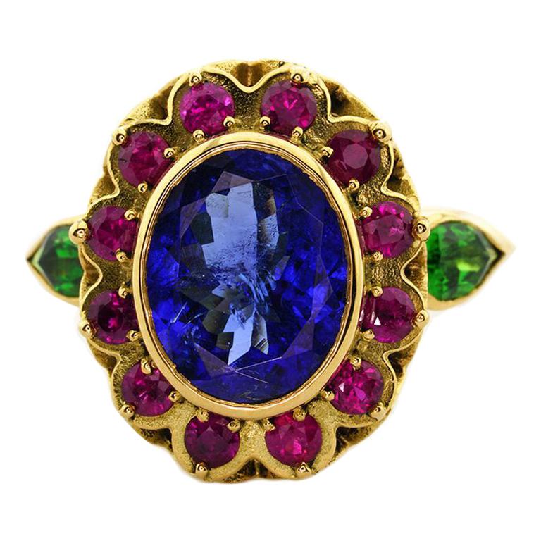 18kt Yellow Gold, 6.00ct Tanzanite, 0.75ct Ruby and 0.50ct Tsavorite