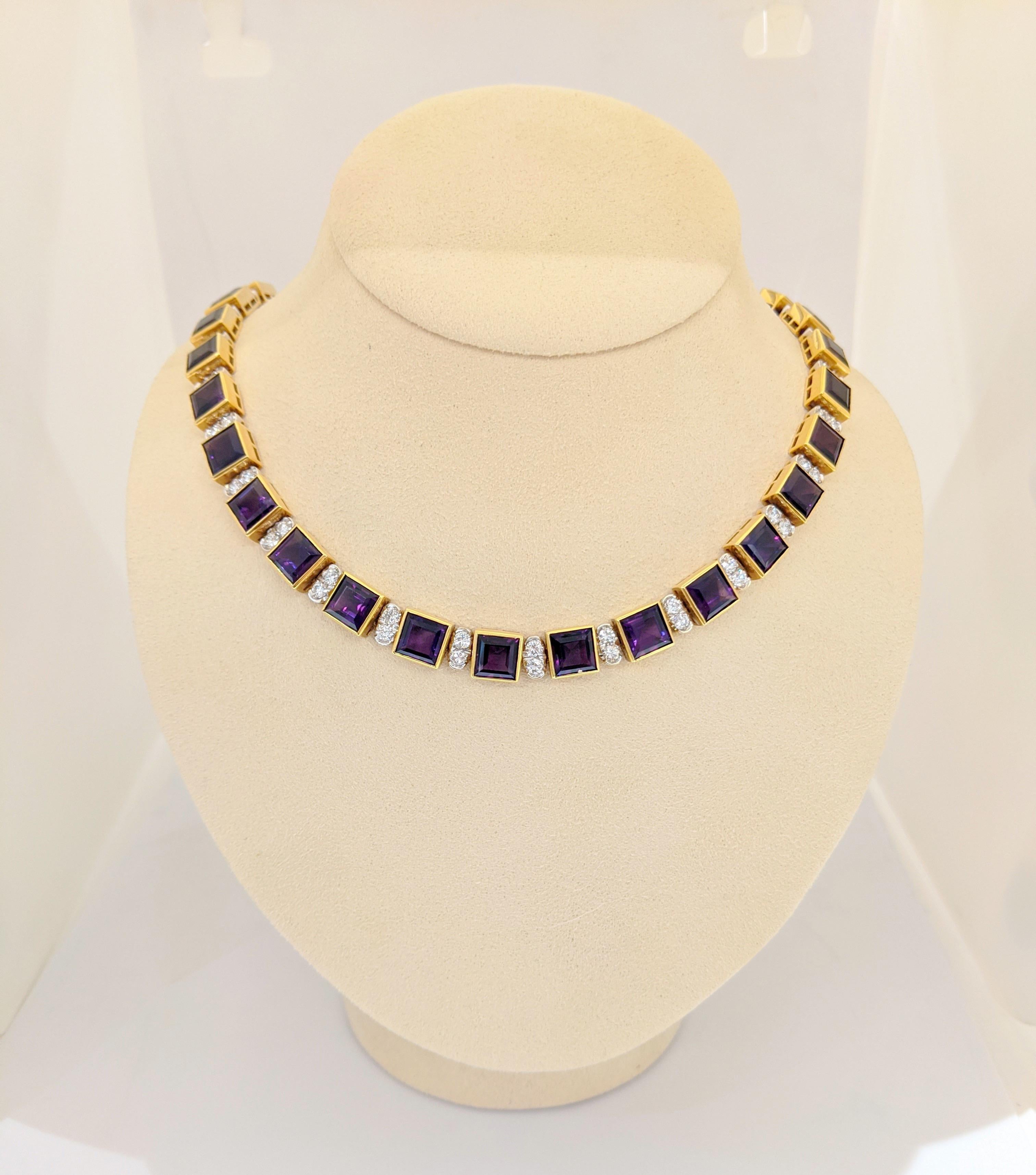 A beautifully one of a kind necklace designed by Cellini Jewelers NYC is set with thirty one square Emerald cut Amethyst stones . Each stone is set in an 18 karat yellow gold bezel setting.  The squares alternate with oval shaped sections, each set