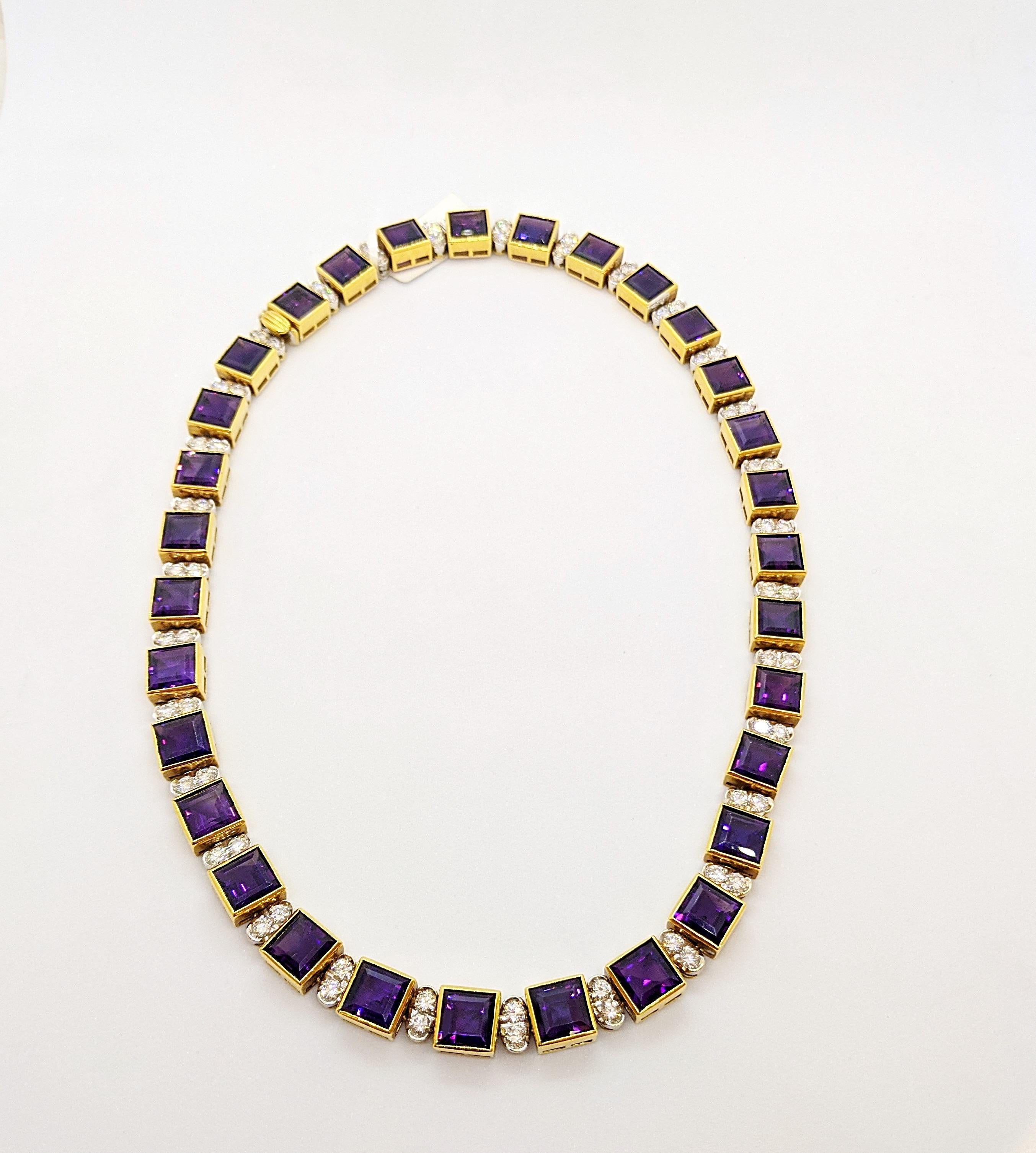 Contemporary 18KT Yellow Gold 61.19CT. Amethyst & 5.51Ct. Diamond Art Deco Inspired Necklace For Sale
