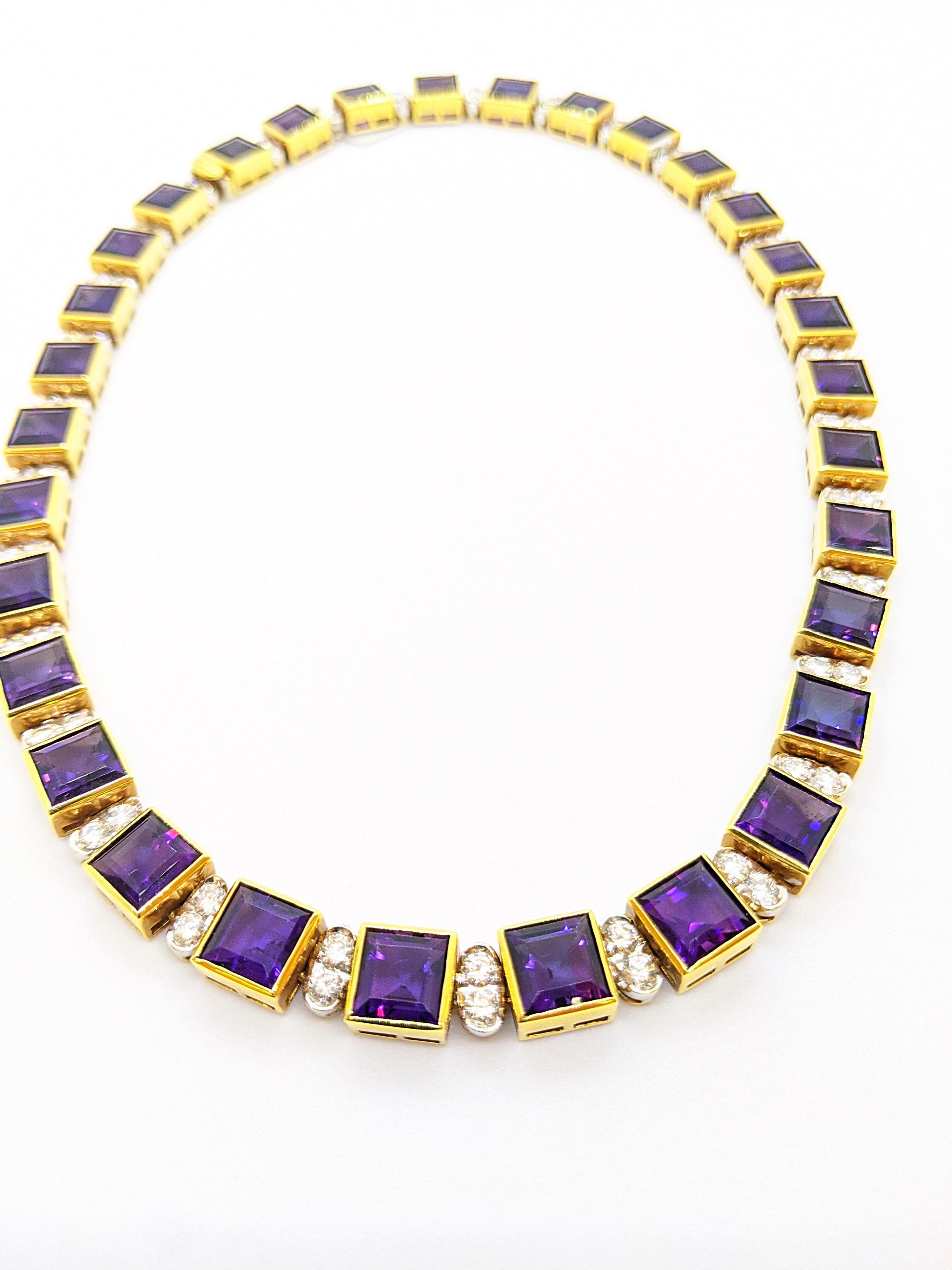 Emerald Cut 18KT Yellow Gold 61.19CT. Amethyst & 5.51Ct. Diamond Art Deco Inspired Necklace For Sale
