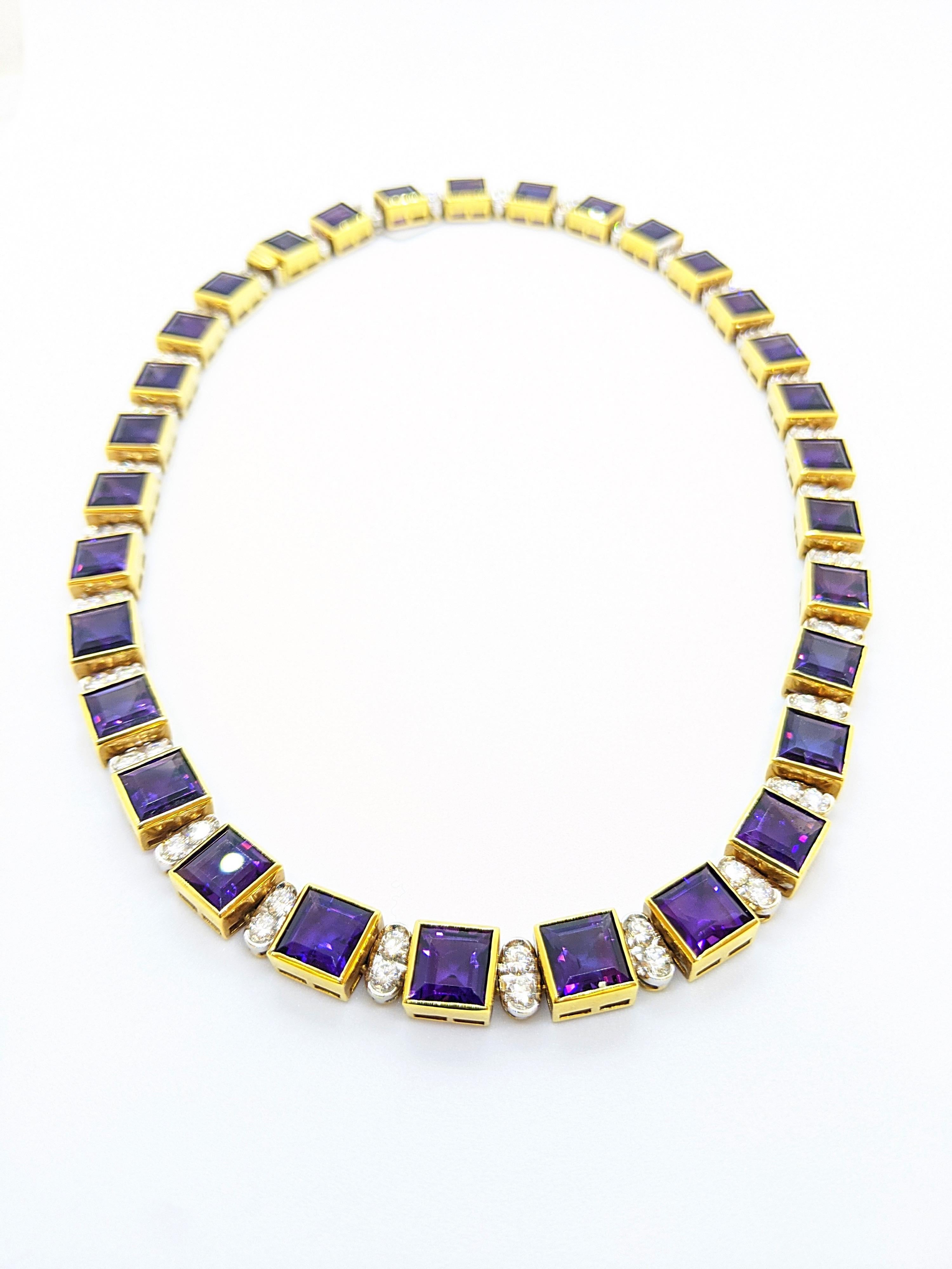 18KT Yellow Gold 61.19CT. Amethyst & 5.51Ct. Diamond Art Deco Inspired Necklace In New Condition For Sale In New York, NY