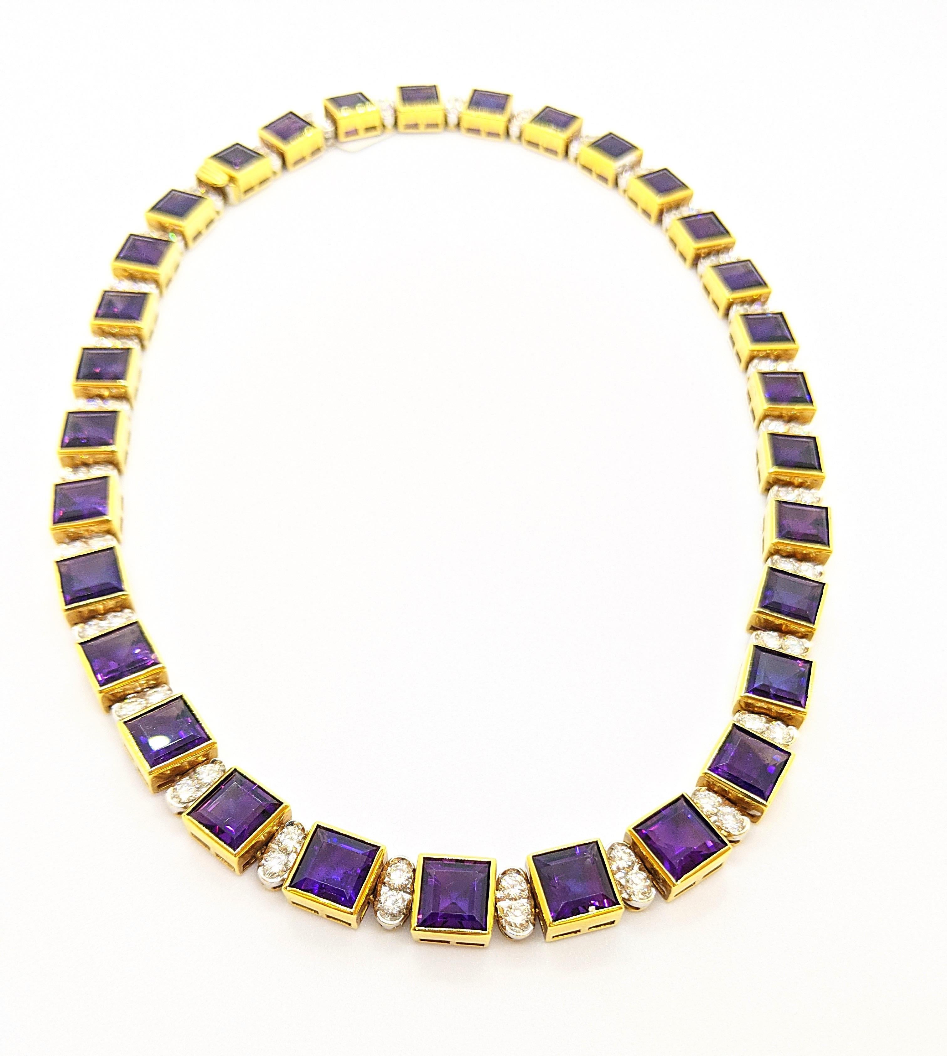 Women's or Men's 18KT Yellow Gold 61.19CT. Amethyst & 5.51Ct. Diamond Art Deco Inspired Necklace For Sale
