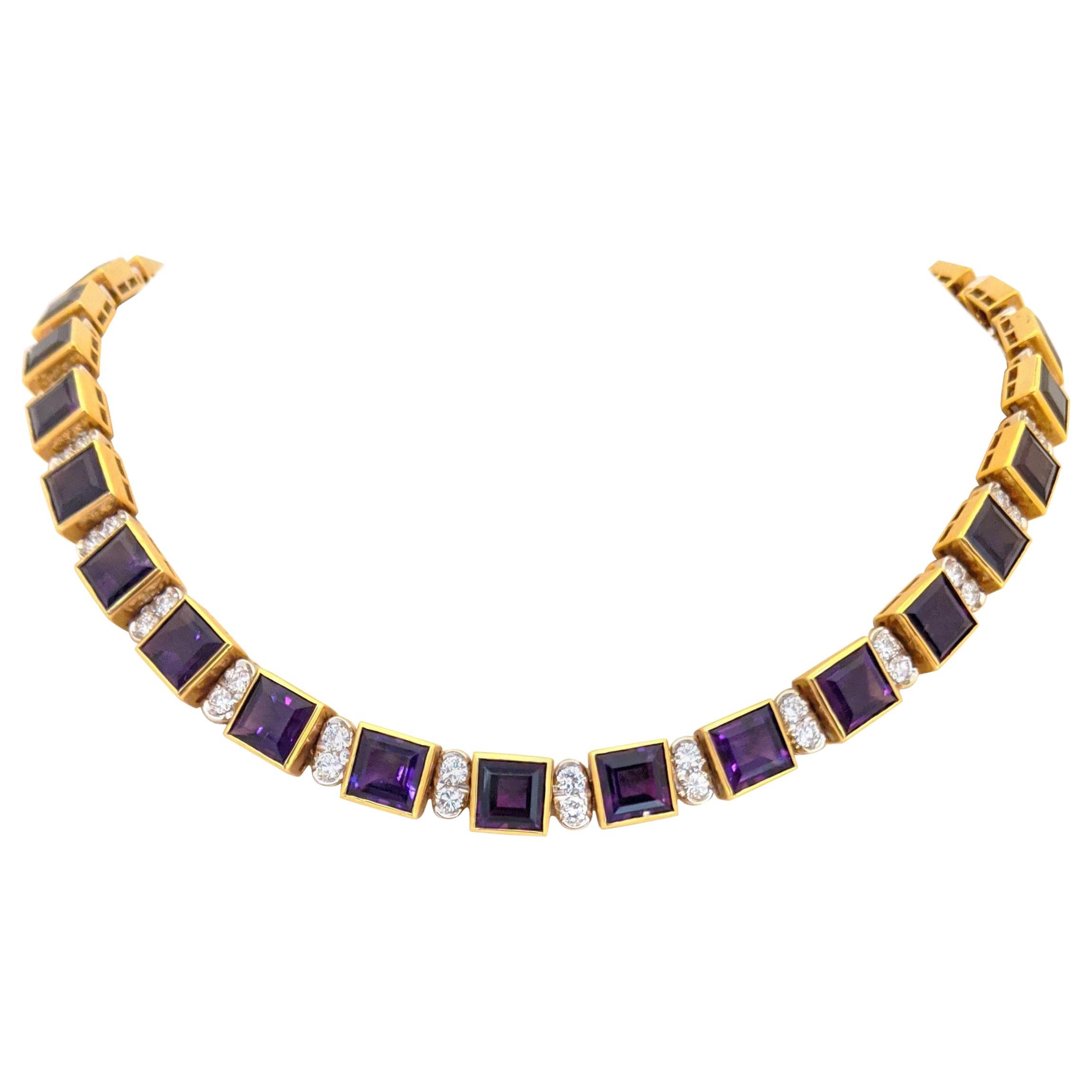 18KT Yellow Gold 61.19CT. Amethyst & 5.51Ct. Diamond Art Deco Inspired Necklace For Sale