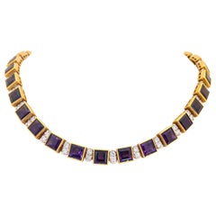 Vintage 18KT Yellow Gold 61.19CT. Amethyst & 5.51Ct. Diamond Art Deco Inspired Necklace