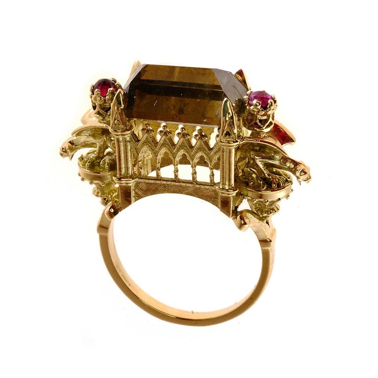 18kt Gold, 7.1ct Cognac Diamond, 0.2ct Ruby Gothic Cathedral Engagement