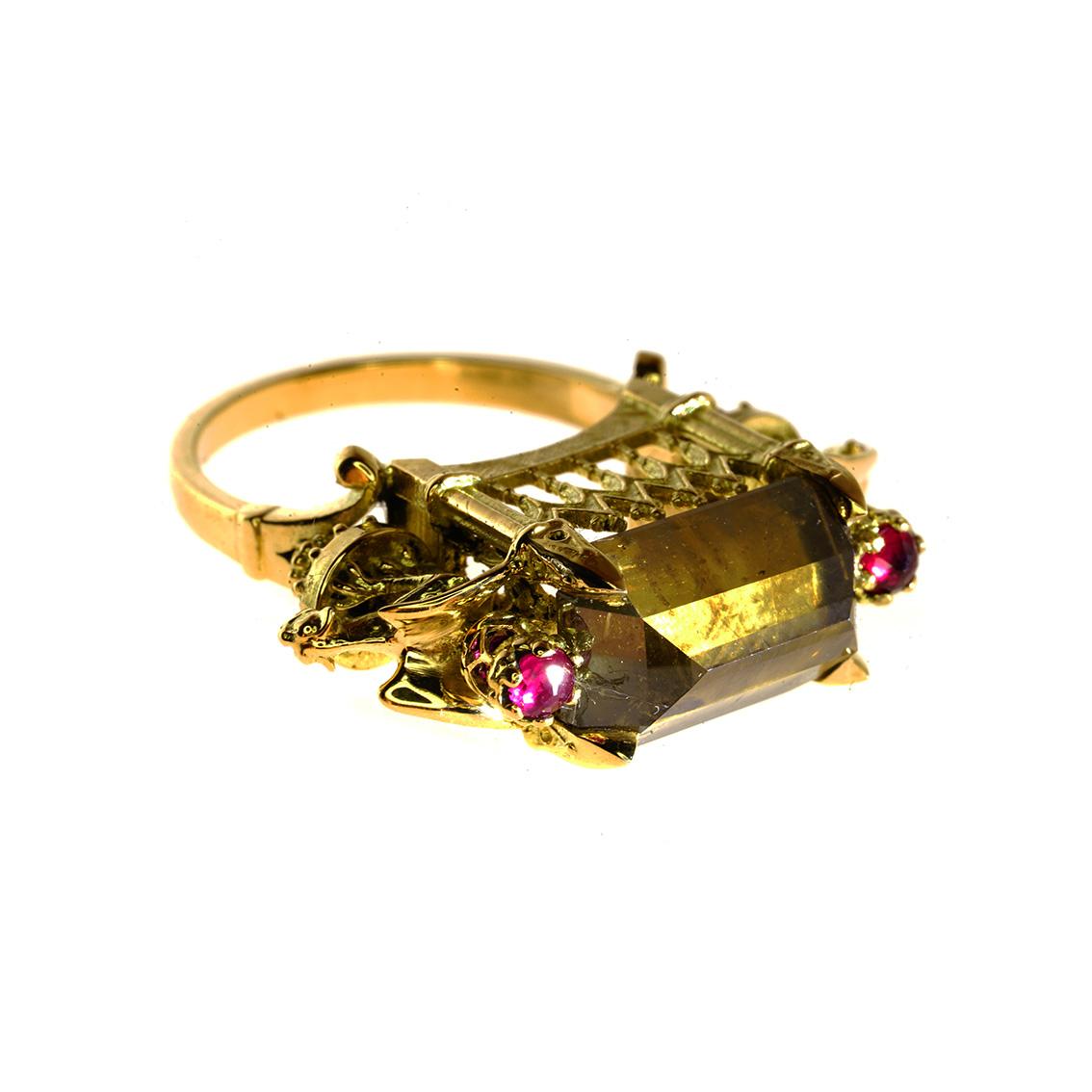 Gothic Revival Ritual Cathedral Ring in 18 Karat Yellow Gold, Cognac Diamond and Rubies