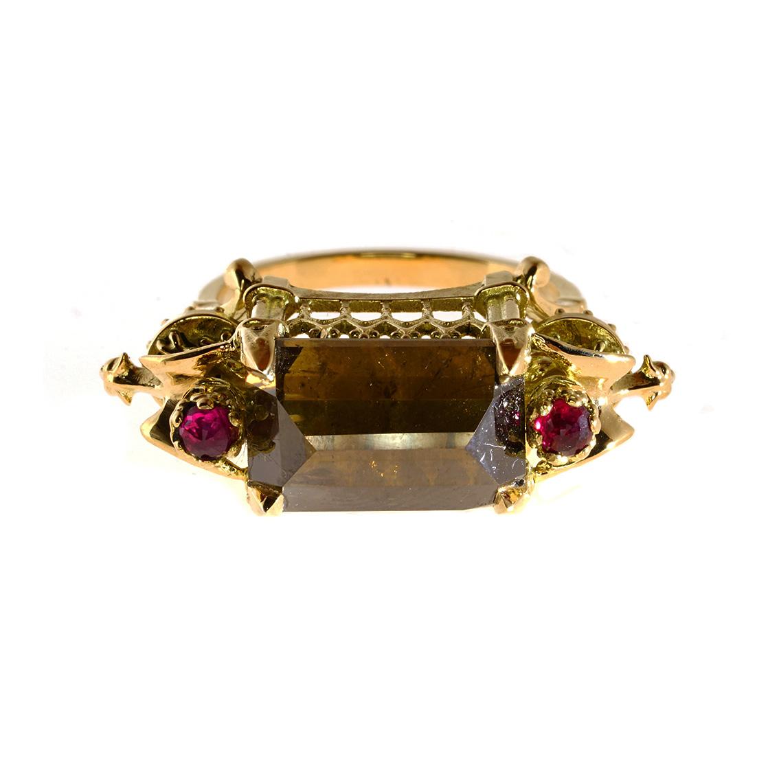 Emerald Cut Ritual Cathedral Ring in 18 Karat Yellow Gold, Cognac Diamond and Rubies