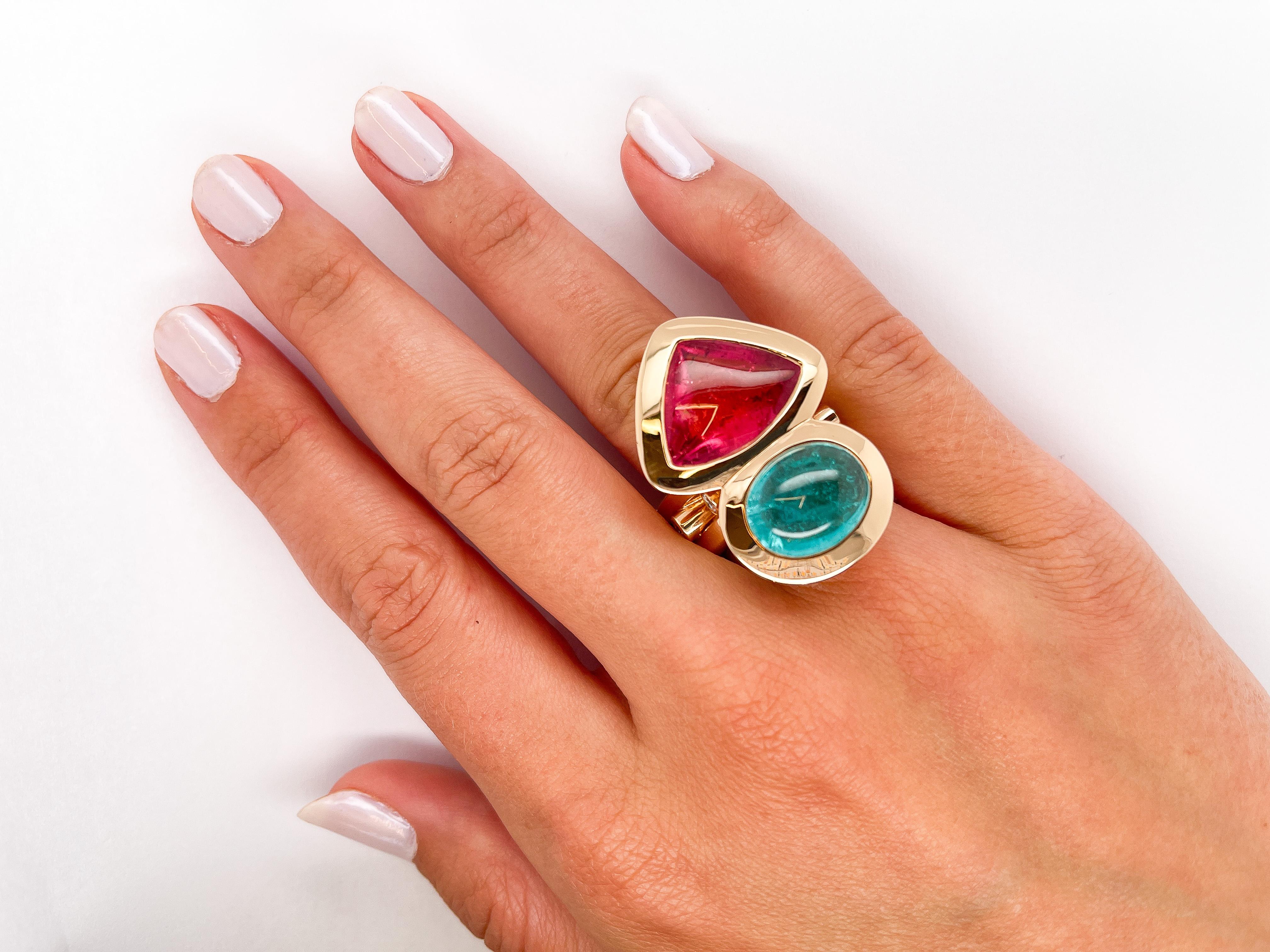 18 Karat Gold 7,53 Karat Paraíba Turm - 11,86 Karat Pezzottait Cocktail-Ring von Jochen Leën (Cabochon)