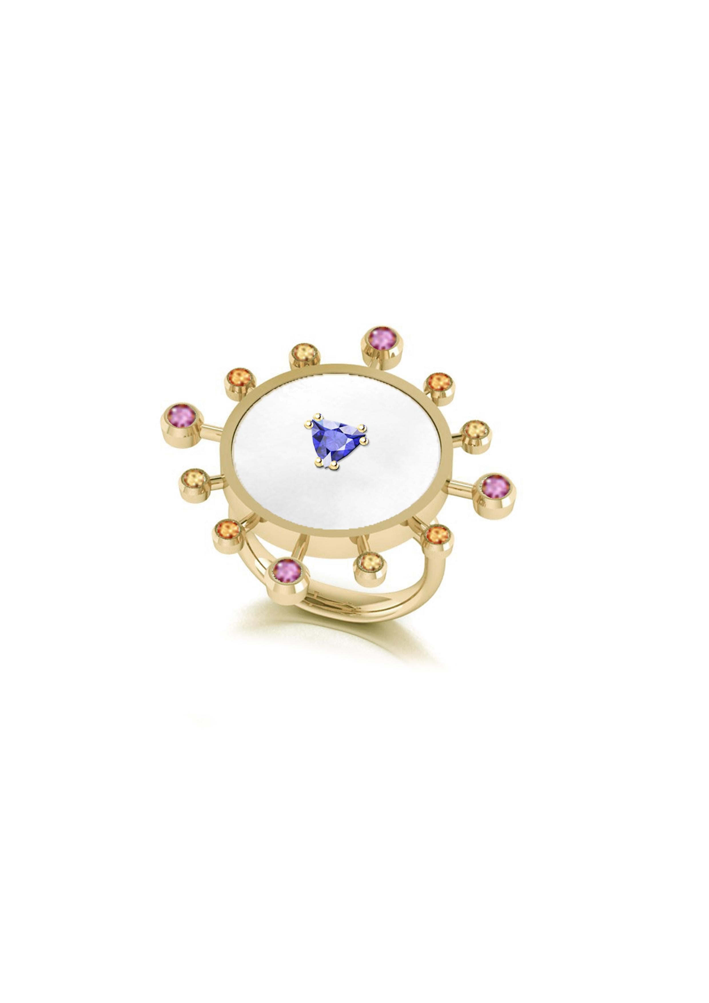 Sunray Collection- Truly Inspired by watch's geometry and modernism- it expresses joy and energy through colors and light. 
Sunray Ring is made by 18kt yellow gold ( 8,60 gr), natural trillion cut Tanzanite ( mm 5x5) , 12 multicolor sapphires ct