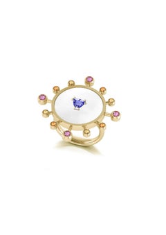 Anello in oro giallo 18 carati '8,60 gr' con mop bianco, tanzanite e zaffiri