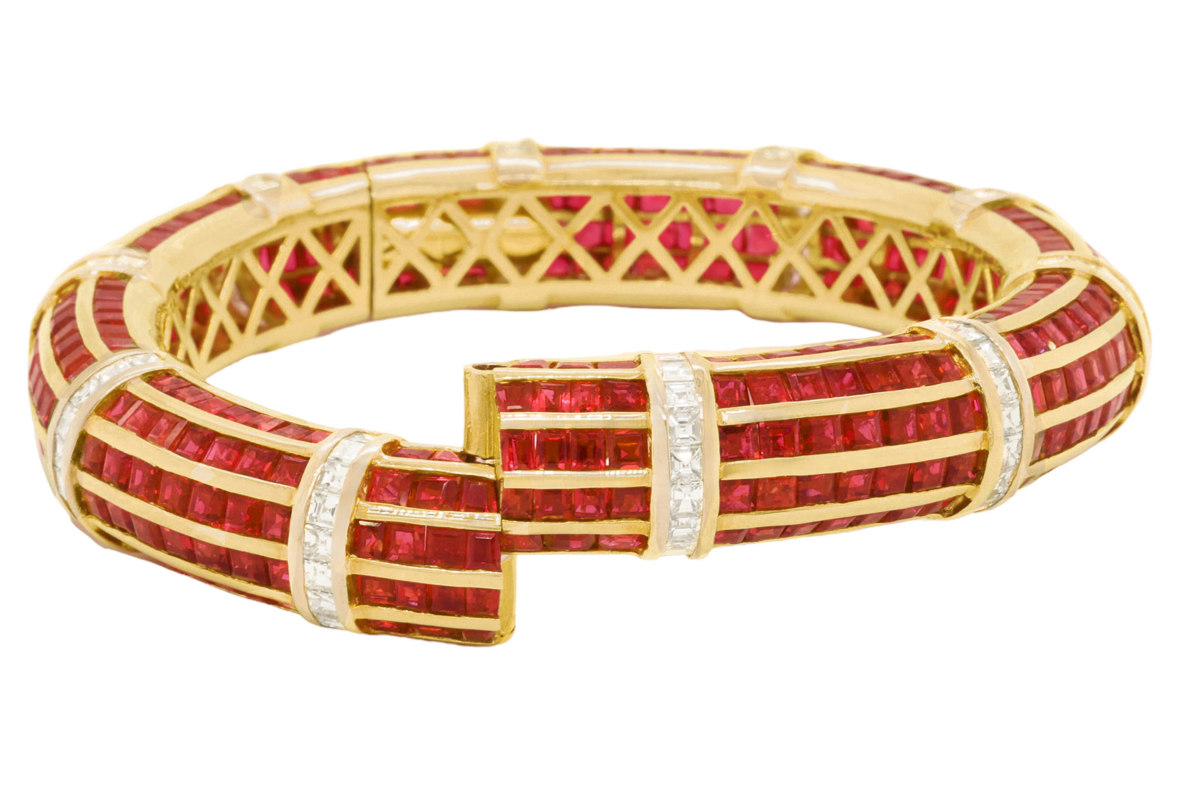 Square Cut 18kt Yellow Gold Adler Genéva Bangle Bracelet 30ct Rubies & 5ct Diamonds, Estate For Sale