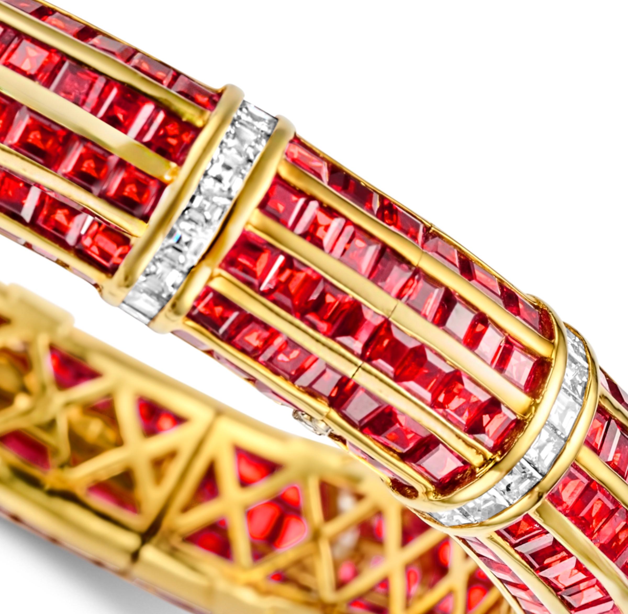 Artisan 18kt Yellow Gold Adler Genéva Bangle Bracelet 30ct Rubies & 5ct Diamonds, Estate For Sale