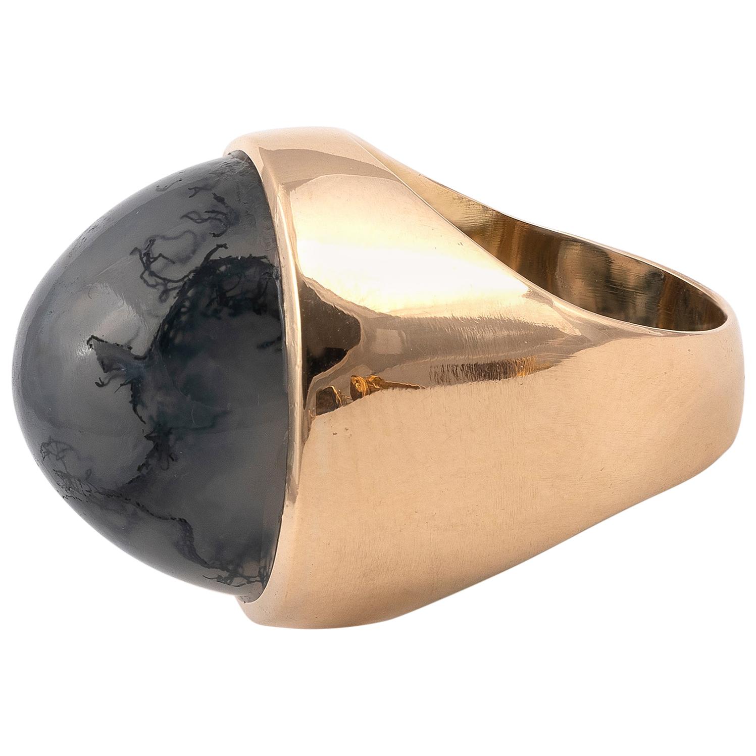 18 Karat Yellow Gold Moss Agate Ring