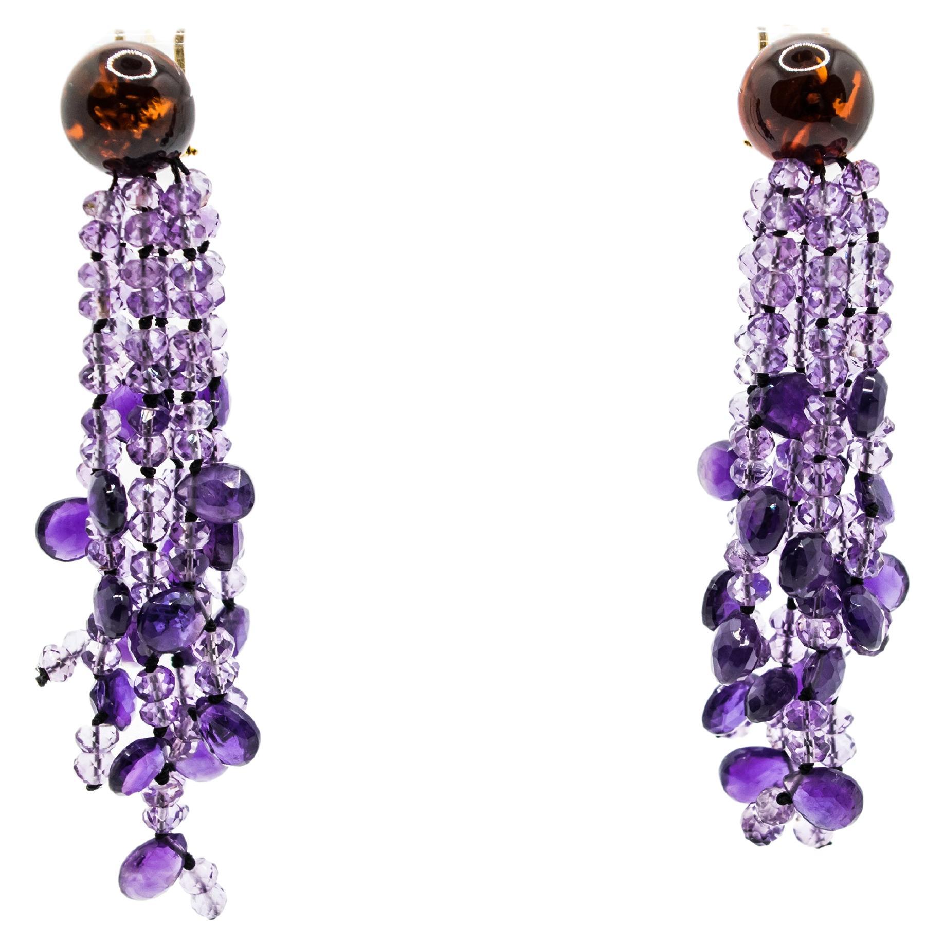 18Kt Yellow Gold Amethyst and Amber Chandelier Earrings For Sale