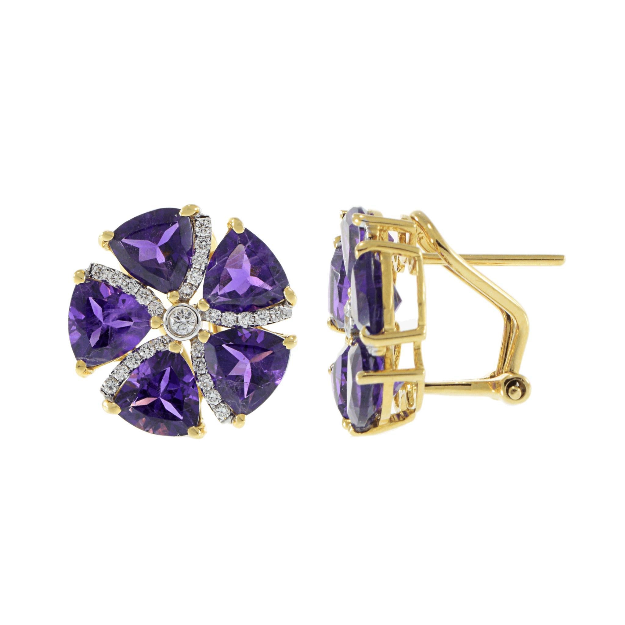 Taille trillion Boucles d'oreilles fleurs circulaires en or jaune 18KT avec améthyste et diamant en vente