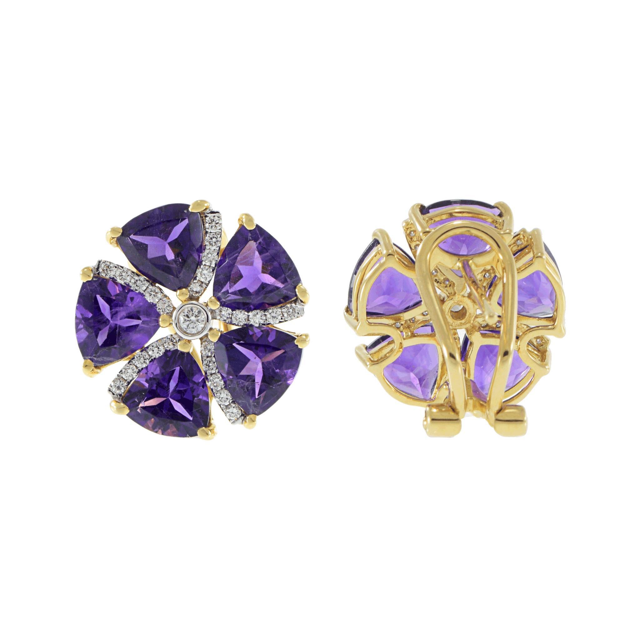 Boucles d'oreilles fleurs circulaires en or jaune 18KT avec améthyste et diamant Neuf - En vente à New York, NY