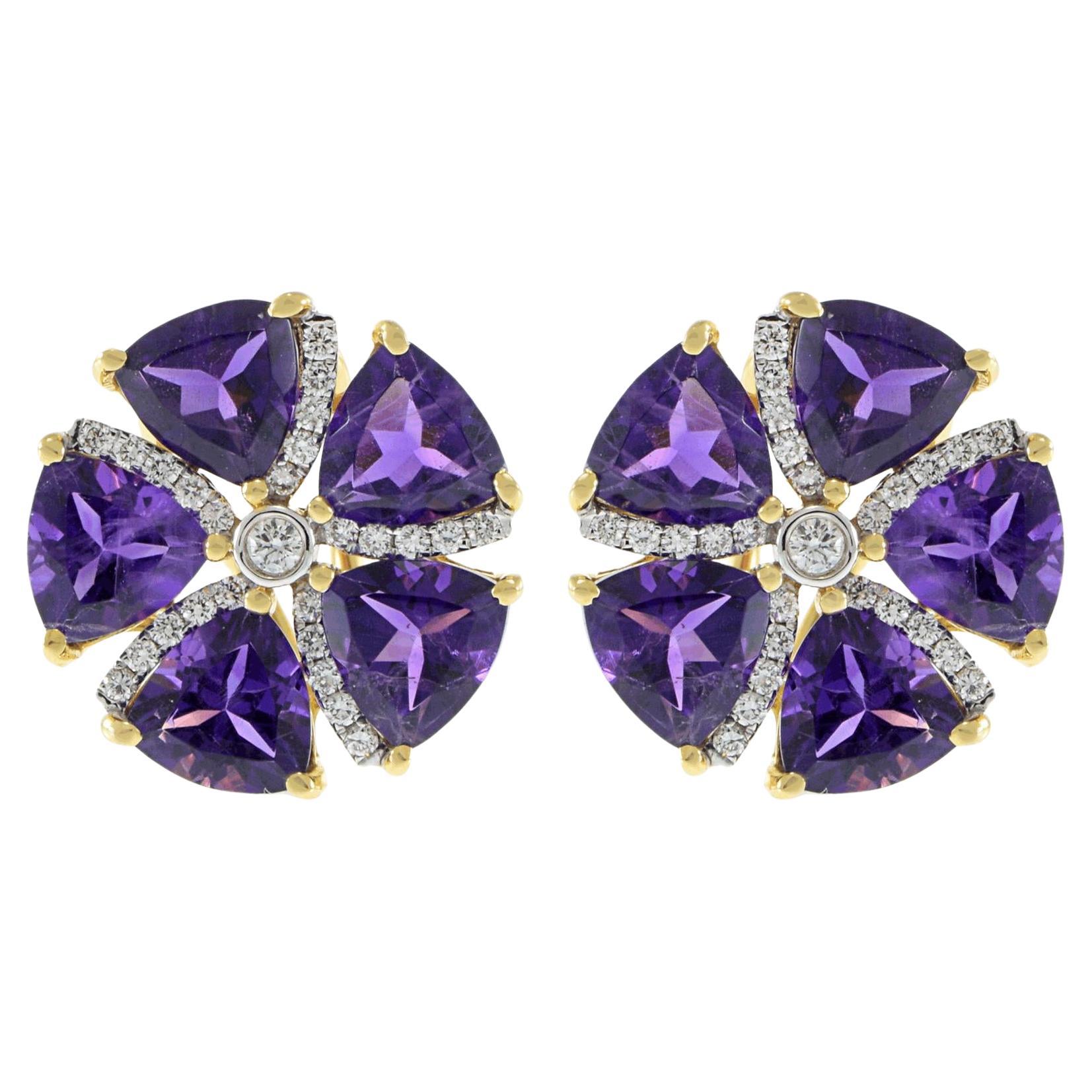 18KT Yellow Gold Amethyst and Diamond Circular Flower Earrrings
