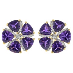 18KT Yellow Gold Amethyst and Diamond Circular Flower Earrrings