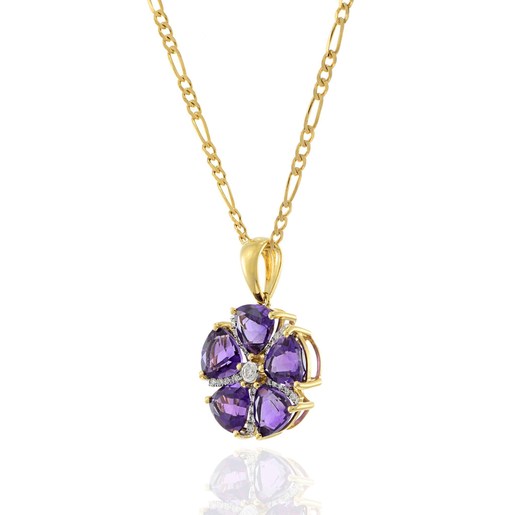 Taille trillion Pendentif fleur en or jaune 18KT avec améthyste et diamant en vente