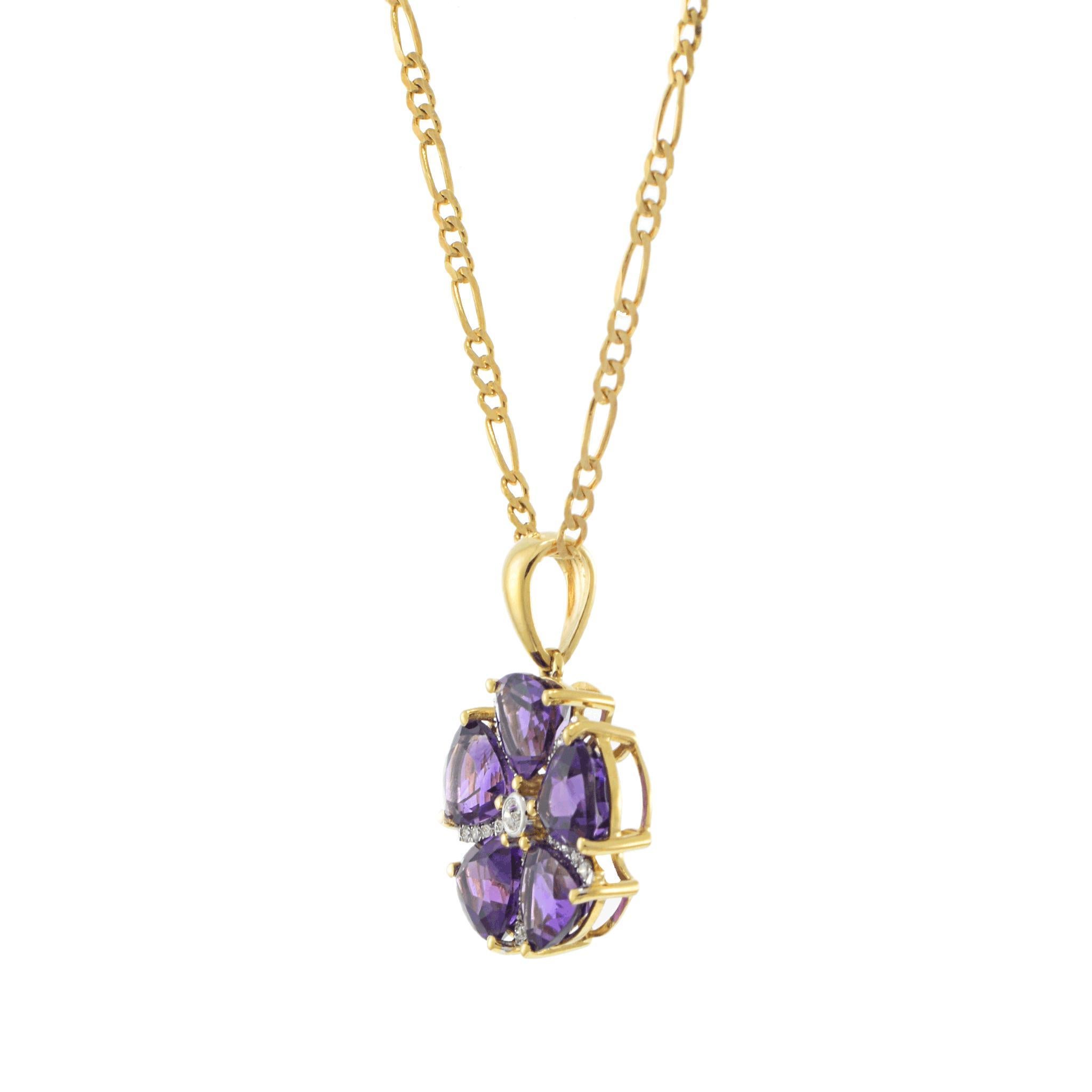 Pendentif fleur en or jaune 18KT avec améthyste et diamant Neuf - En vente à New York, NY