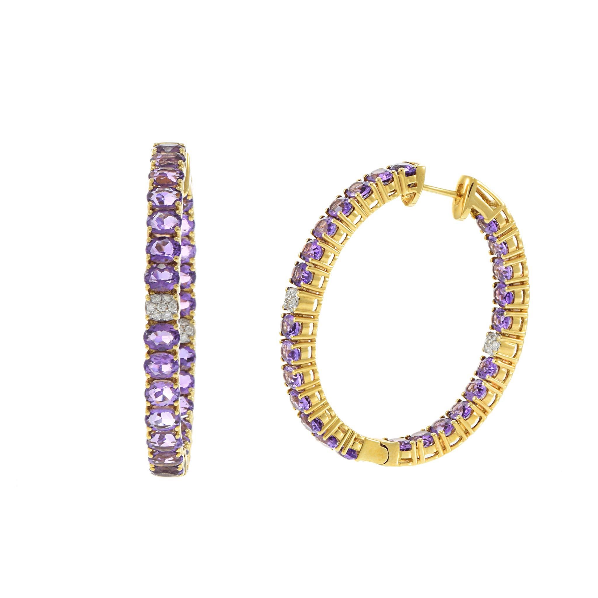 Taille ovale Boucles d'oreilles ovales en or jaune 18KT avec diamants et améthyste en vente