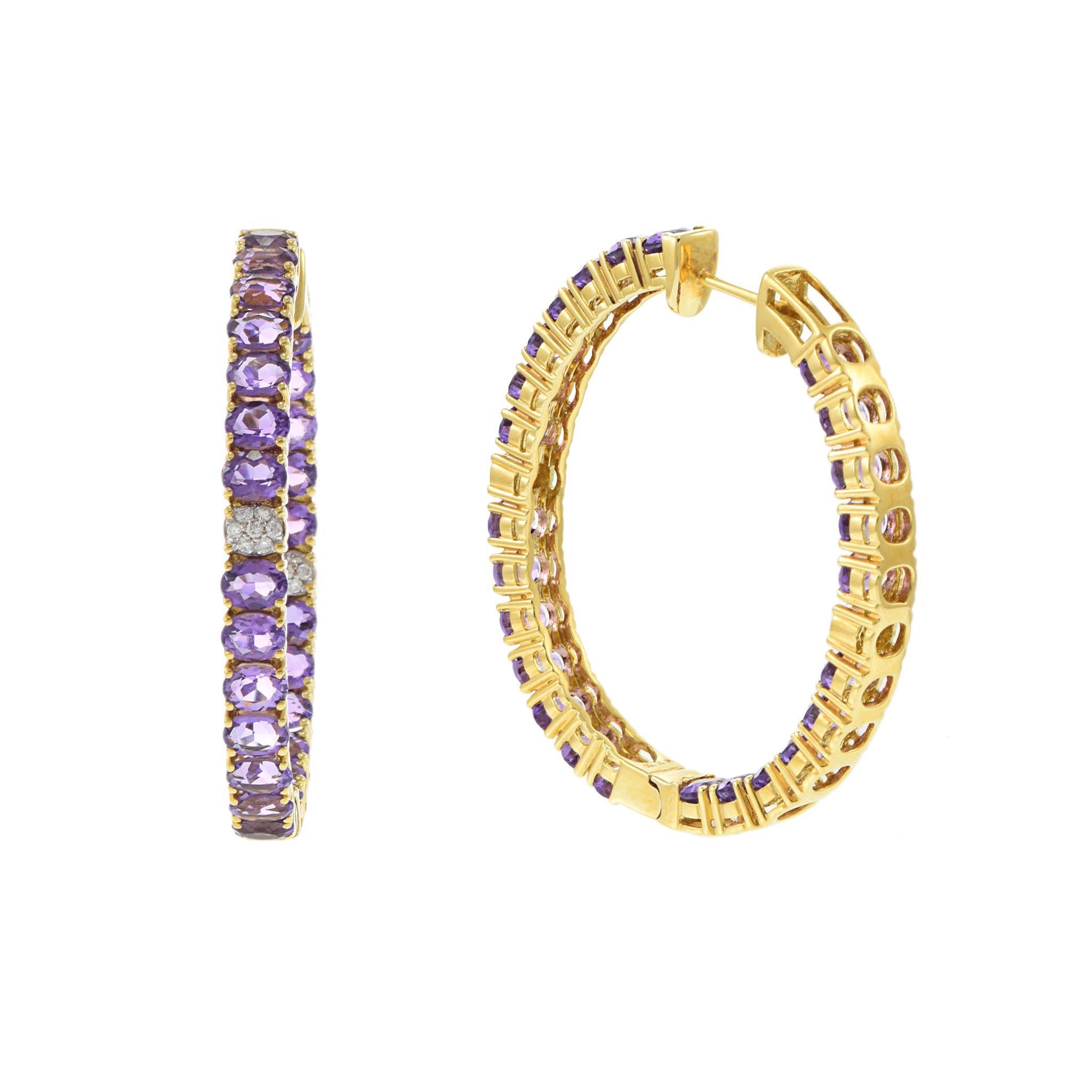 Boucles d'oreilles ovales en or jaune 18KT avec diamants et améthyste Neuf - En vente à New York, NY