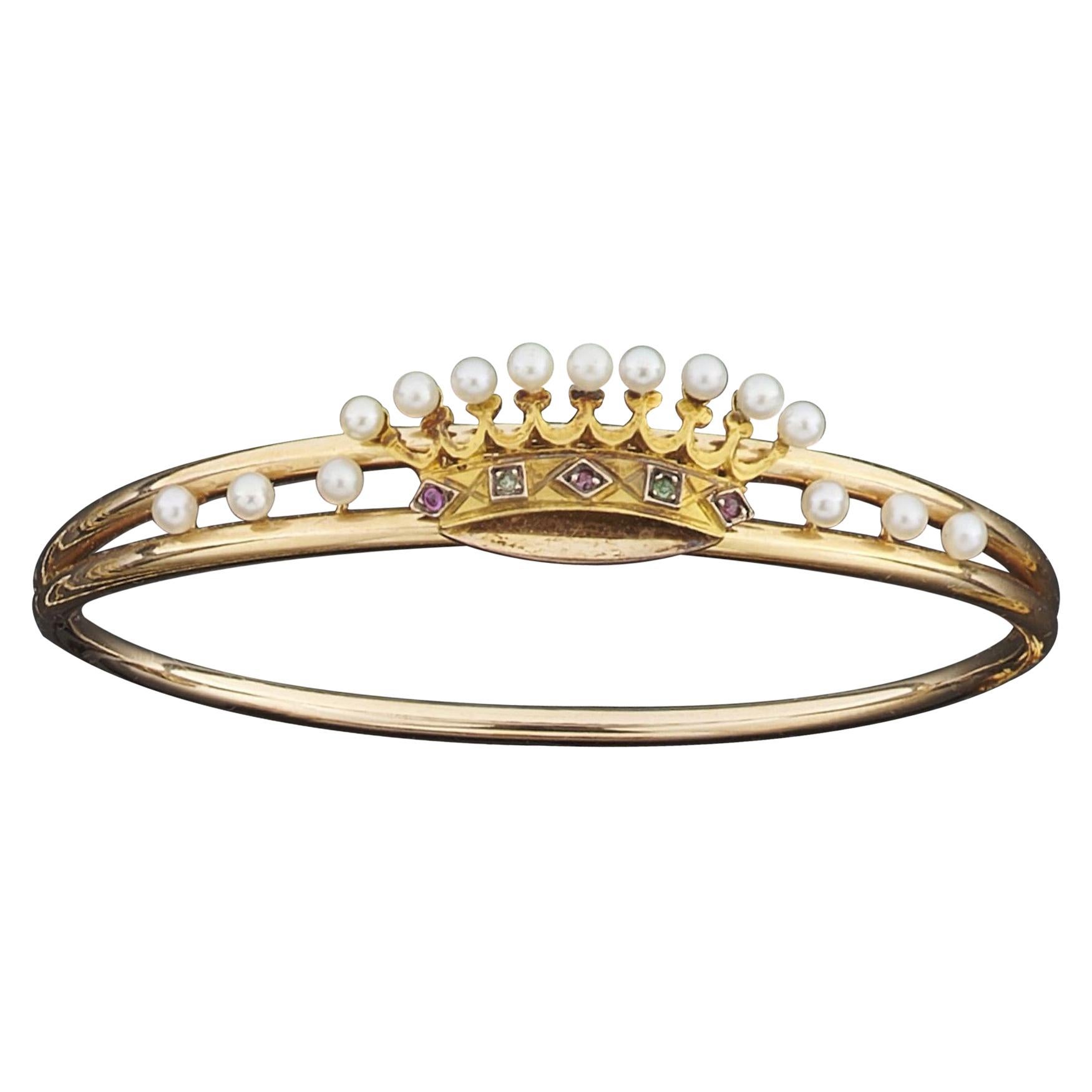 Bracelet Couronne en or jaune 18 carats, améthyste, péridot et perle, avec bracelet bangle en vente