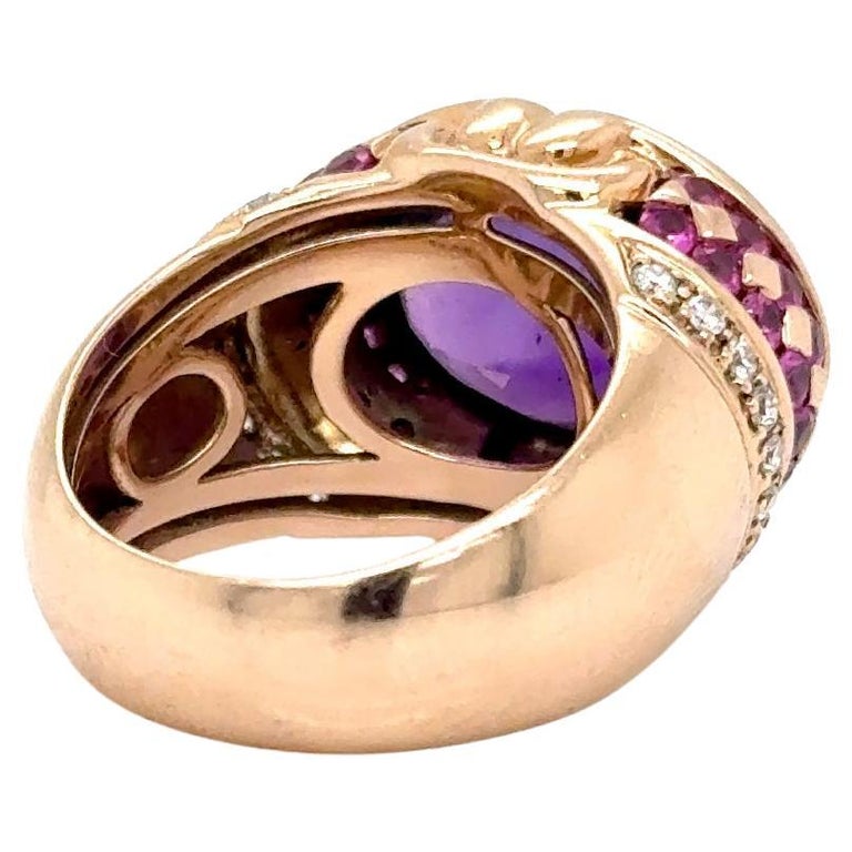 Bague Or Jaune 18 Carats Avec Améthystes Et Saphirs Roses - Taille 51, Occasion, Style Créateur