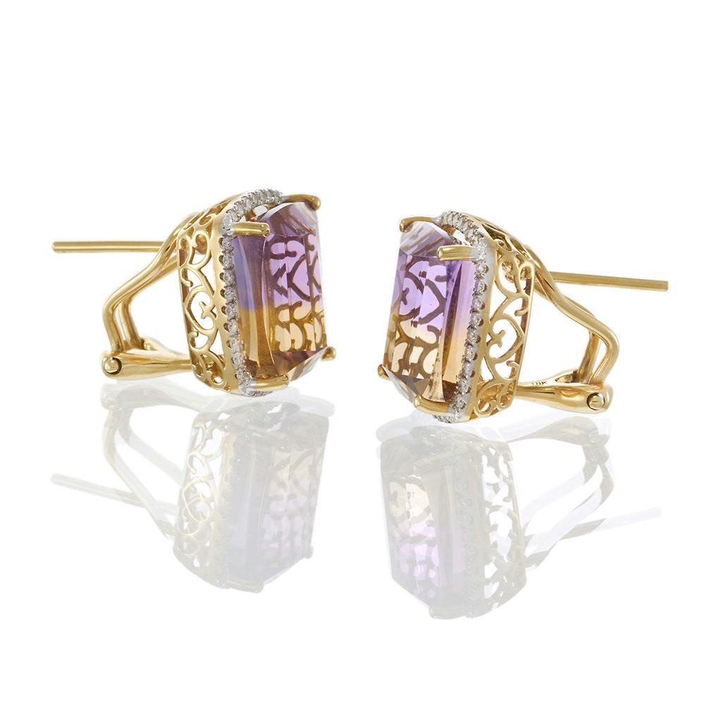 Taglio cuscino Orecchini in oro giallo 18KT con ametrina e diamanti in vendita