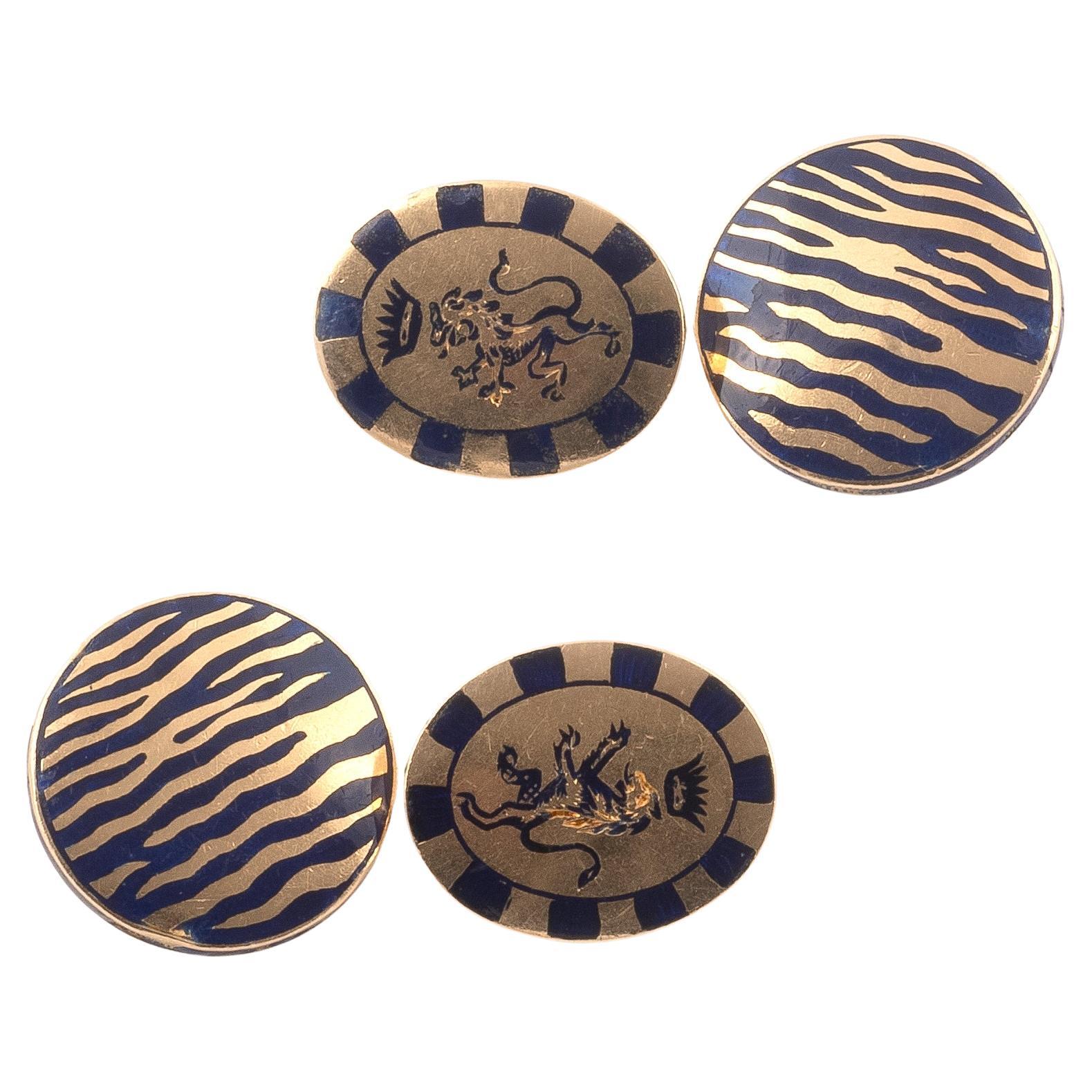 Art nouveau Boutons de manchette en or jaune 18 carats et émail bleu en vente