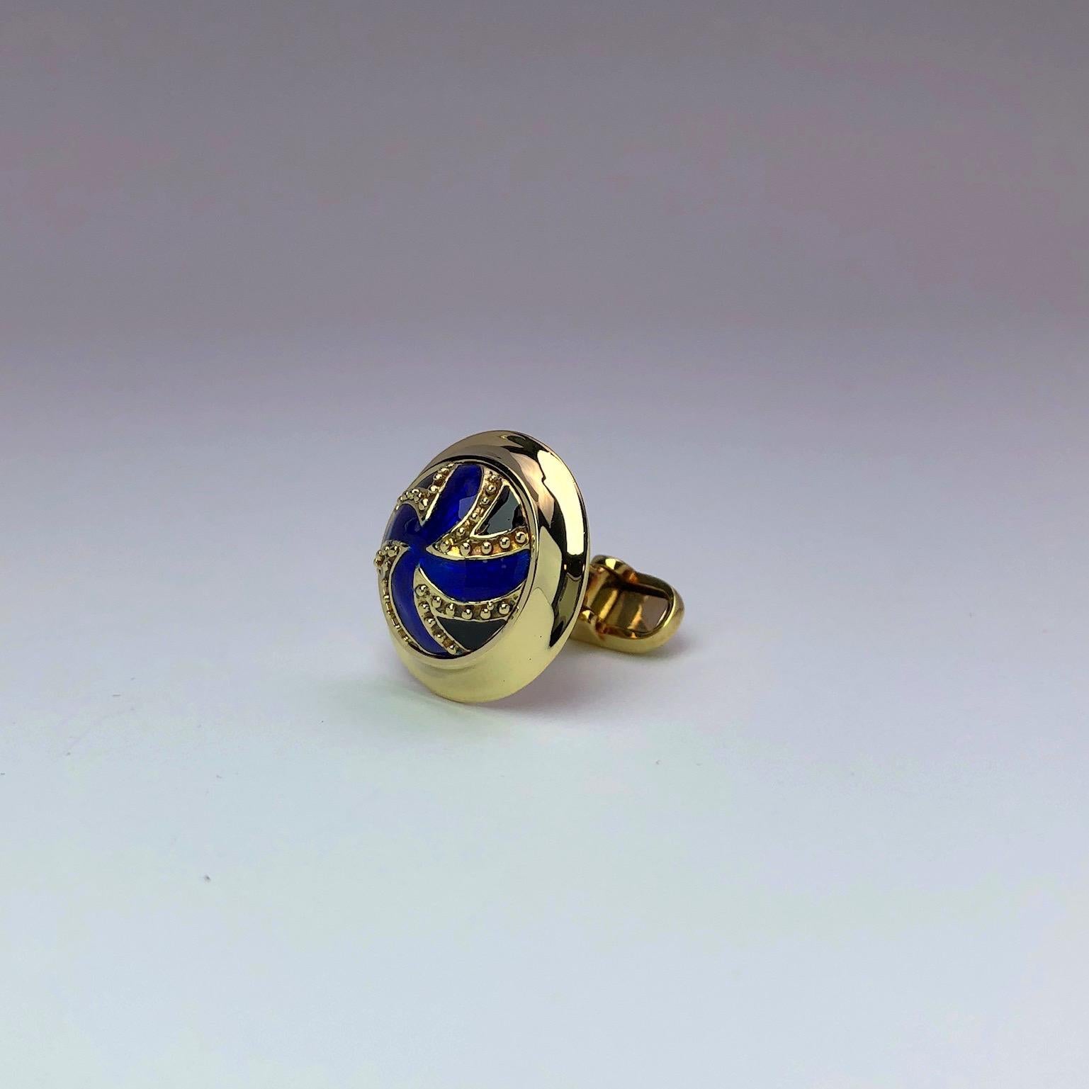 Modern 18 Karat Yellow Gold and Blue Enamel Round Cufflinks