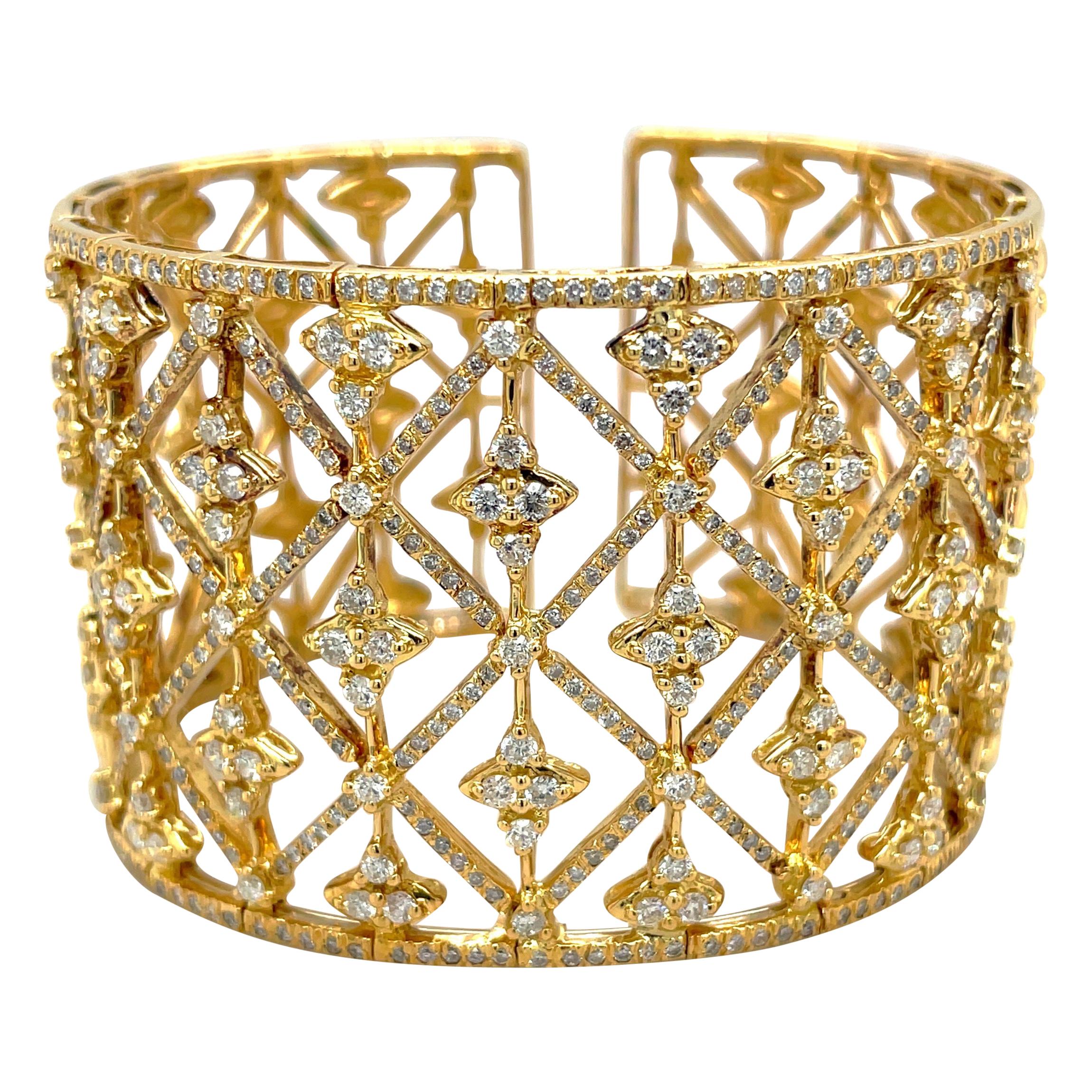 18kt Yellow Gold and Diamond 5.85ct Wide Openwork Cuff Bracelet For Sale