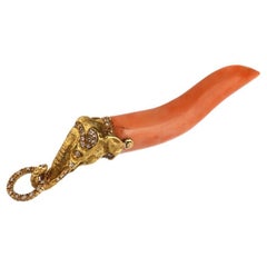 Vintage 18kt Yellow Gold And Diamond Coral Horn
