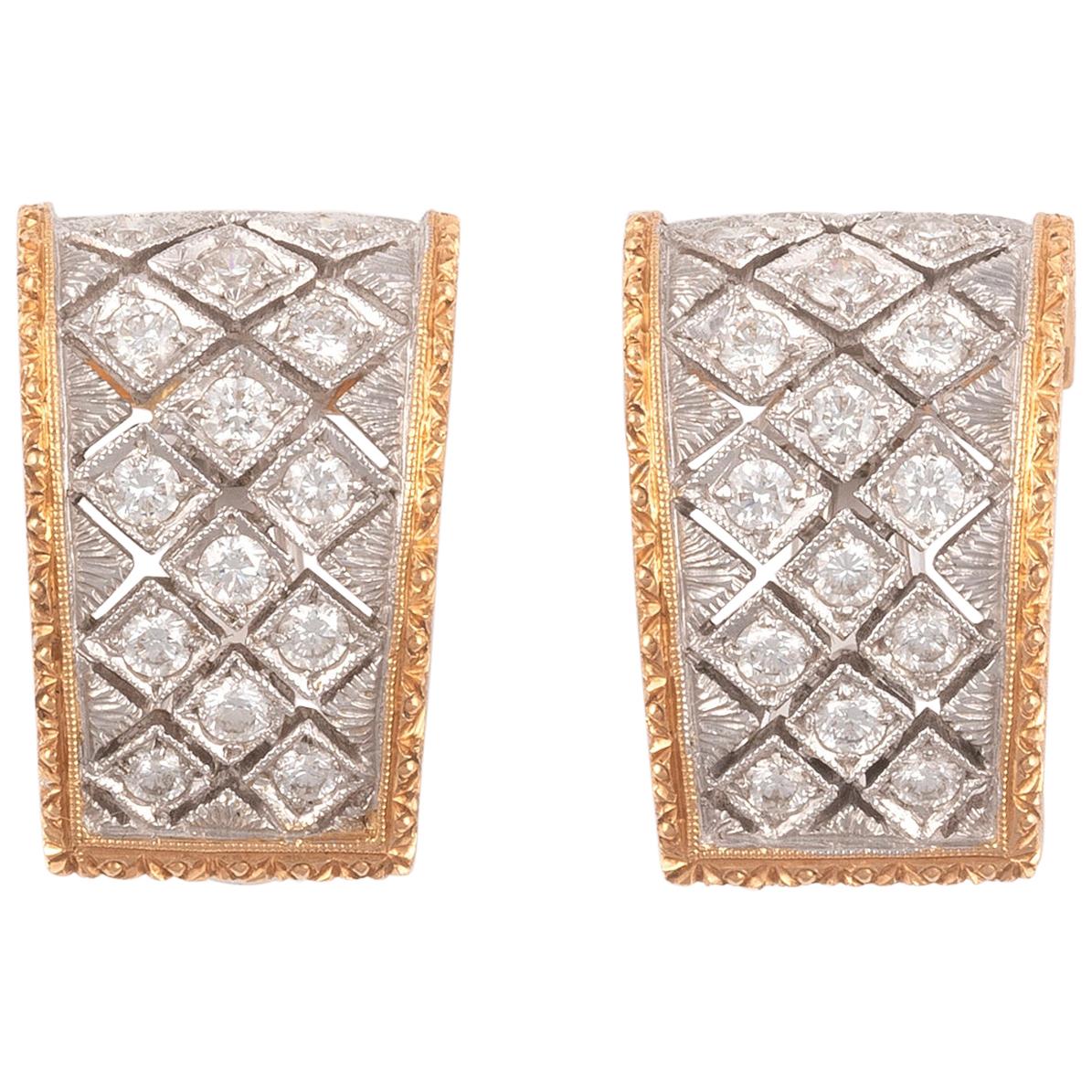 Contemporary 18 Karat Yellow Gold and Diamond Florentine Style Earrings