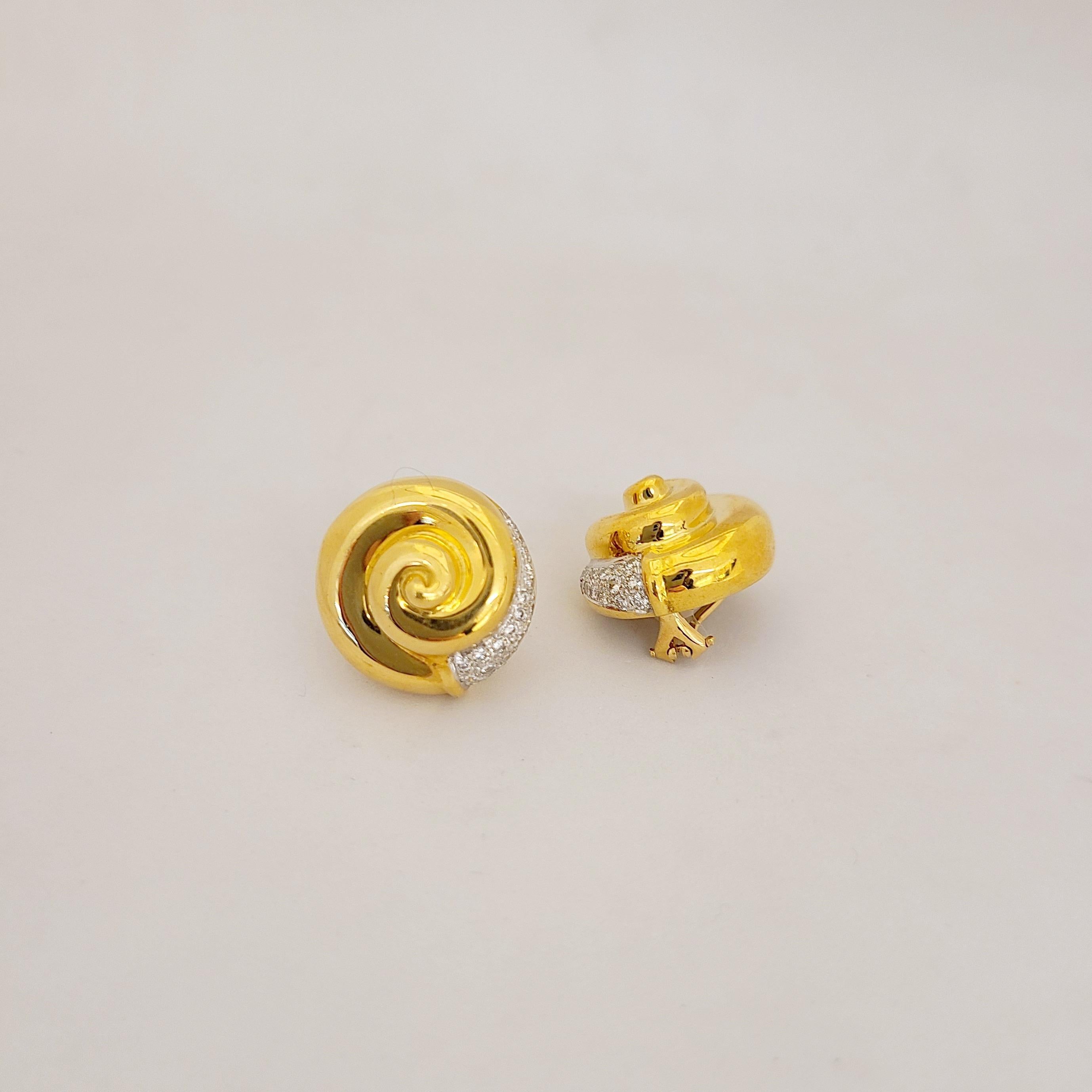 Modern 18 Karat Yellow Gold and Diamonds 0.65 Carat Swirl Button Earrings For Sale
