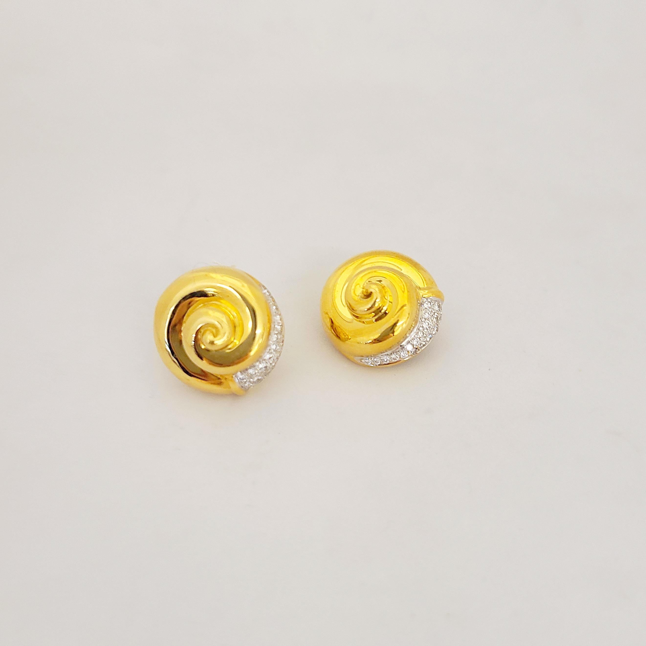 Round Cut 18 Karat Yellow Gold and Diamonds 0.65 Carat Swirl Button Earrings For Sale