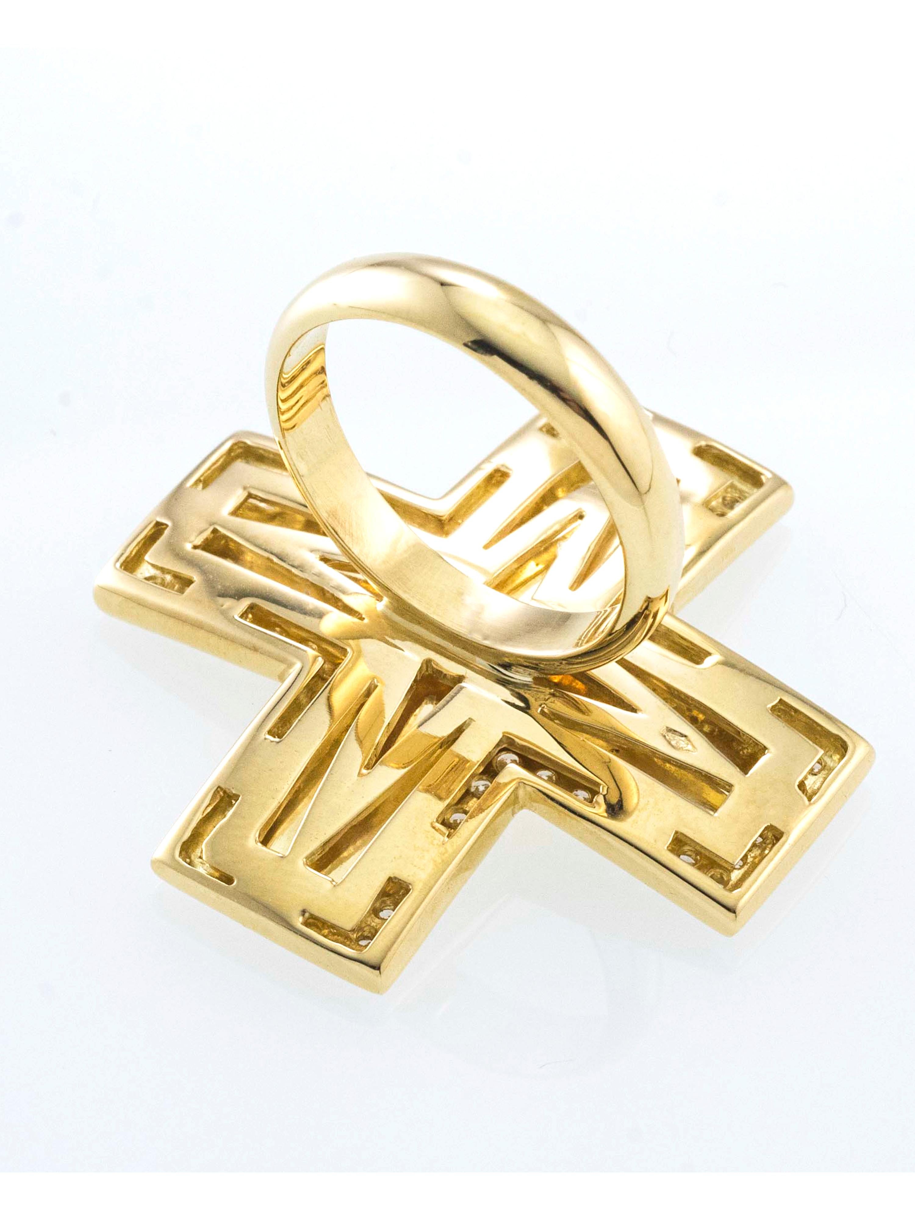 Contemporary 18Kt Yellow Gold and Diamonds Cross Ring For Sale