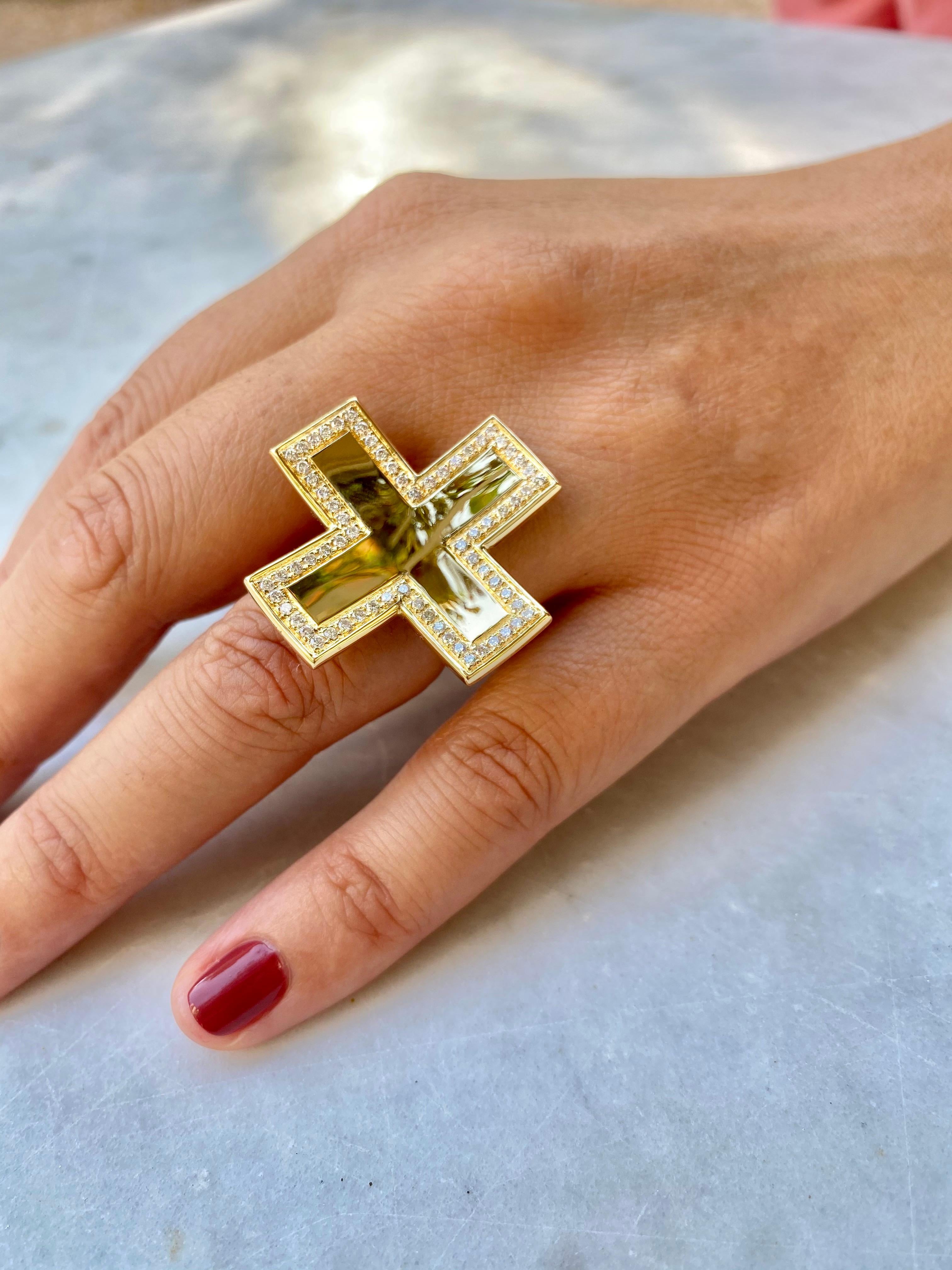 Women's or Men's 18Kt Yellow Gold and Diamonds Cross Ring For Sale