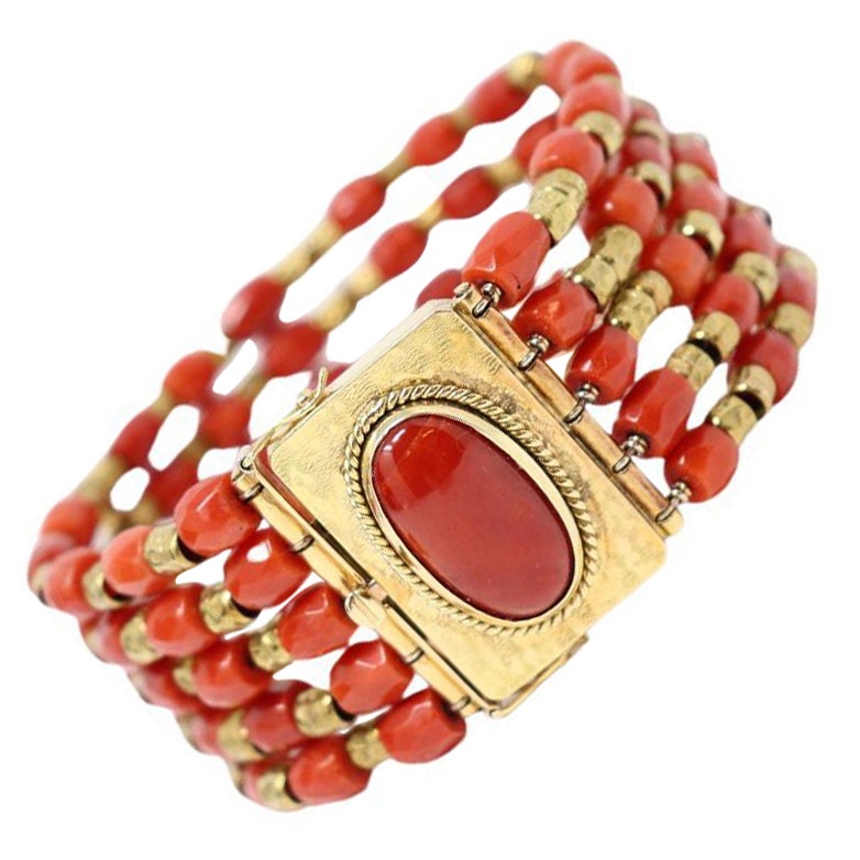 Feines Retro-Armband aus 18kt Gelbgold und japanischer Koralle im Angebot