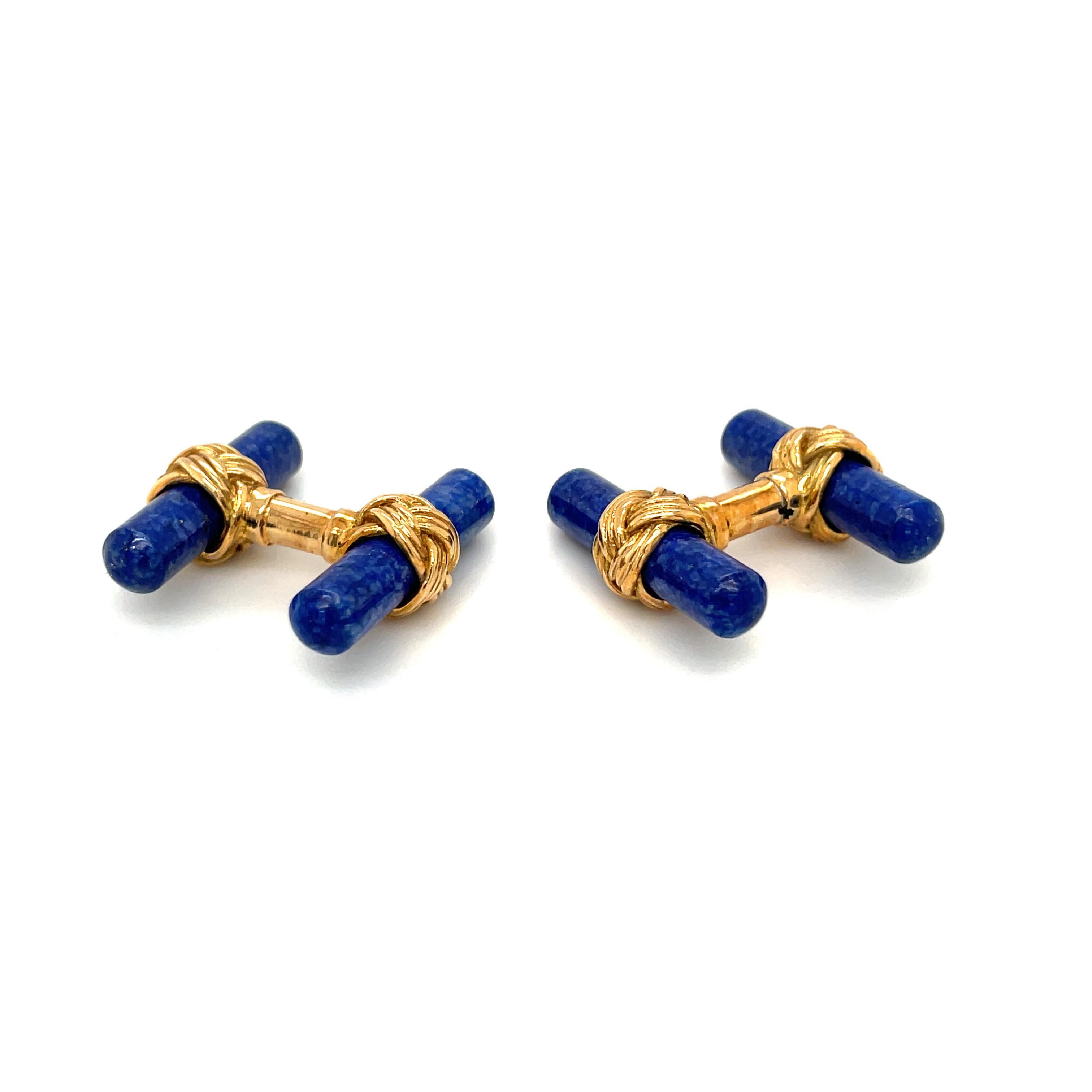 Retro 18KT Yellow Gold and Lapis Cuff-Links For Sale