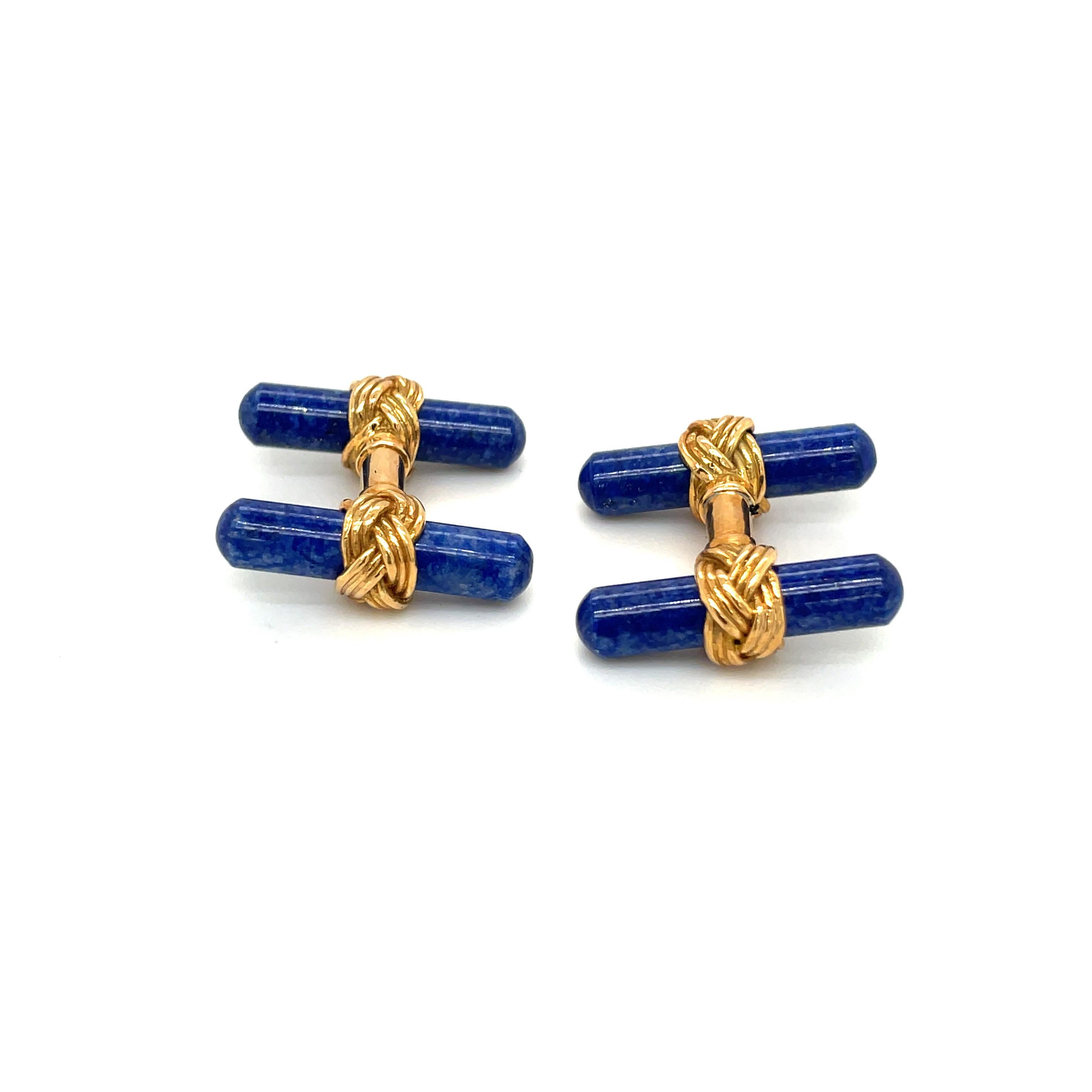 Mixed Cut 18KT Yellow Gold and Lapis Cuff-Links For Sale