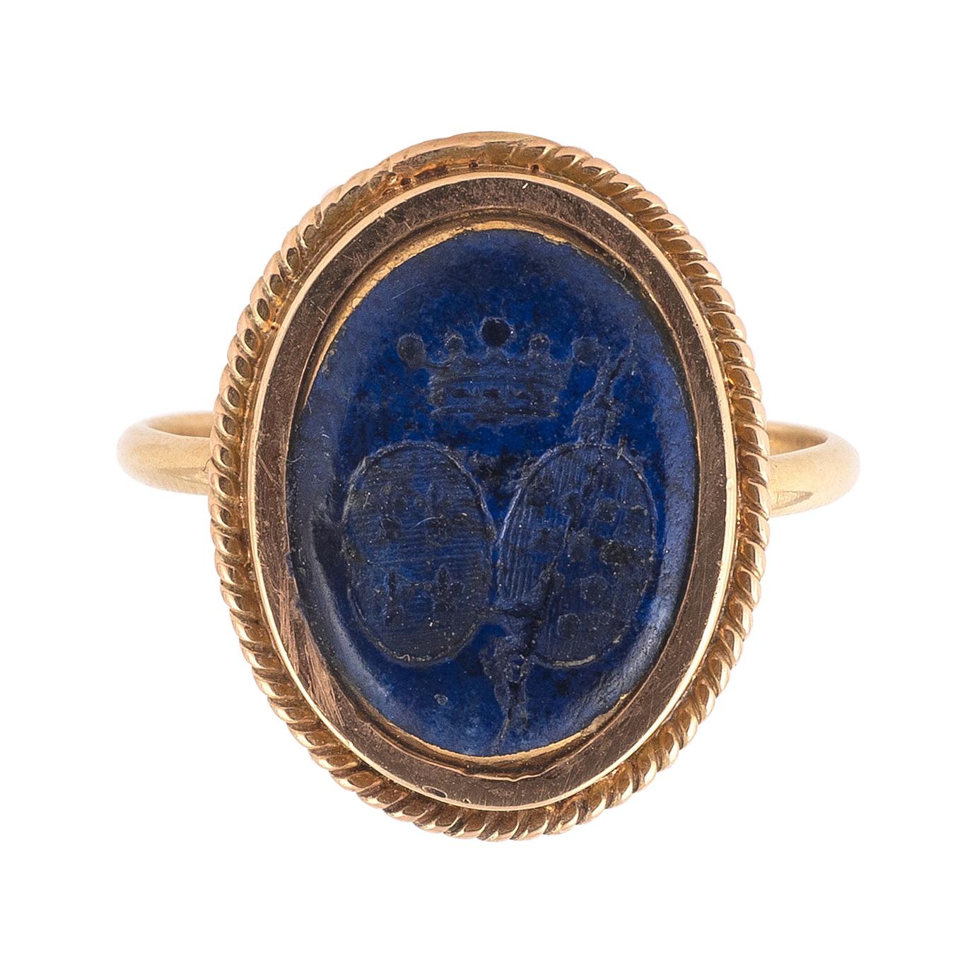 18kt Yellow Gold and Lapis Lazuli Family Crest Ring