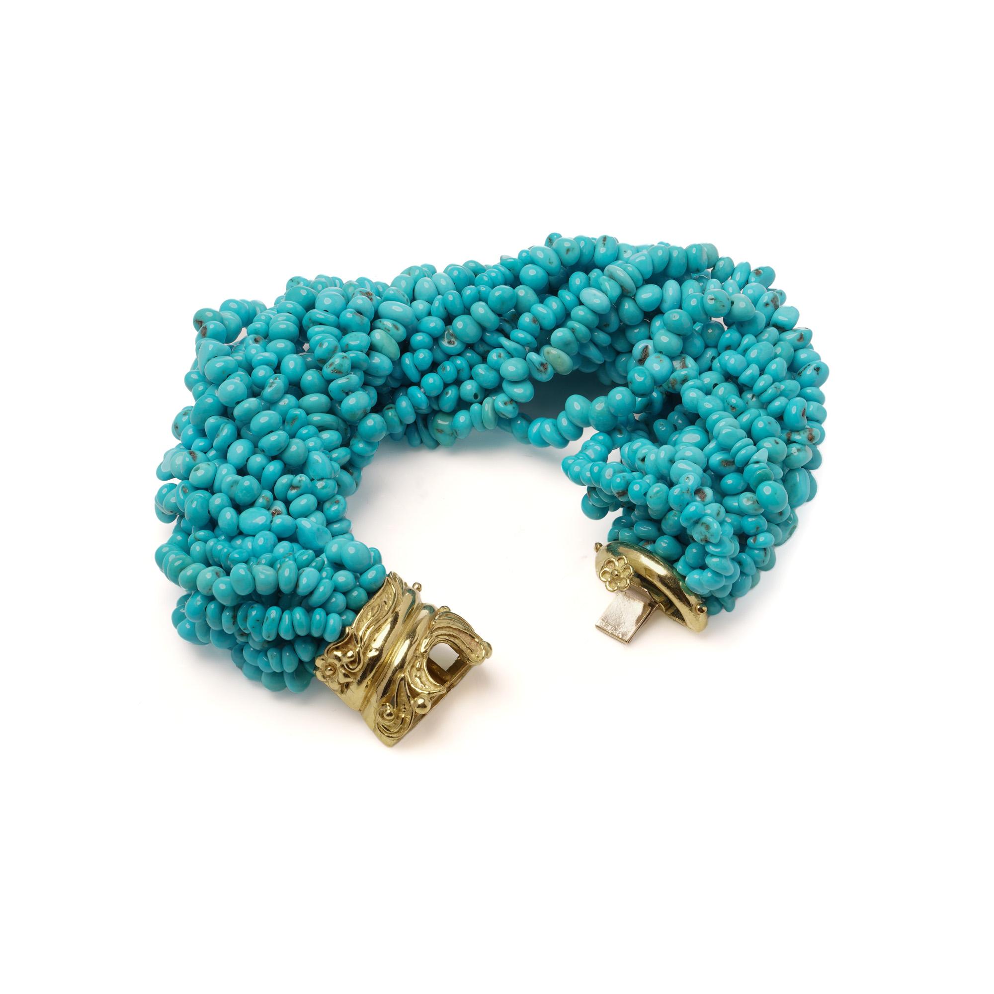 Perle Bracelet multibrins en or jaune 18kt et turquoise naturelle en vente