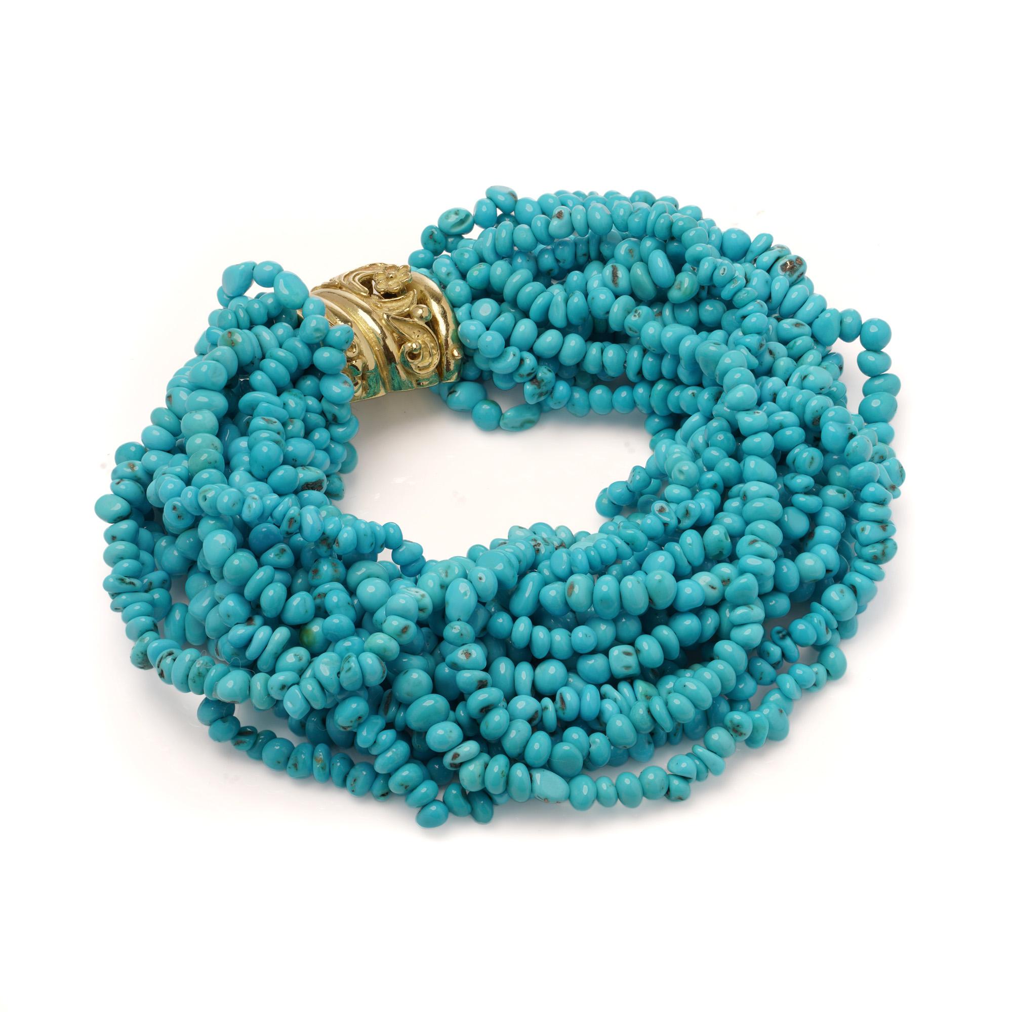 Bracelet multibrins en or jaune 18kt et turquoise naturelle Bon état - En vente à Braintree, GB